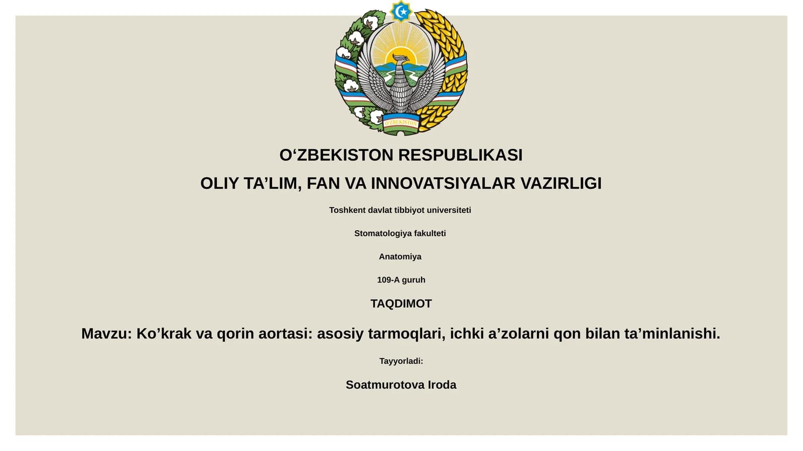Ko’krak va qorin aortasi: asosiy tarmoqlari, ichki a’zolarni qon bilan ta’minlanishi
