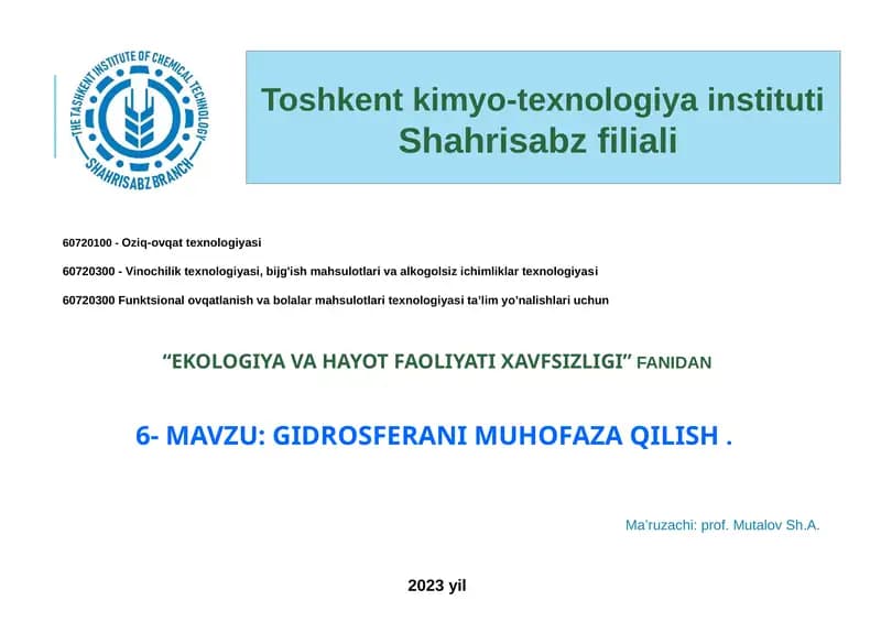 GIDROSFERANI MUHOFAZA QILISH