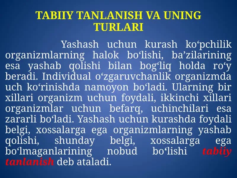 TABIIY TANLANISH VA UNING TURLARI