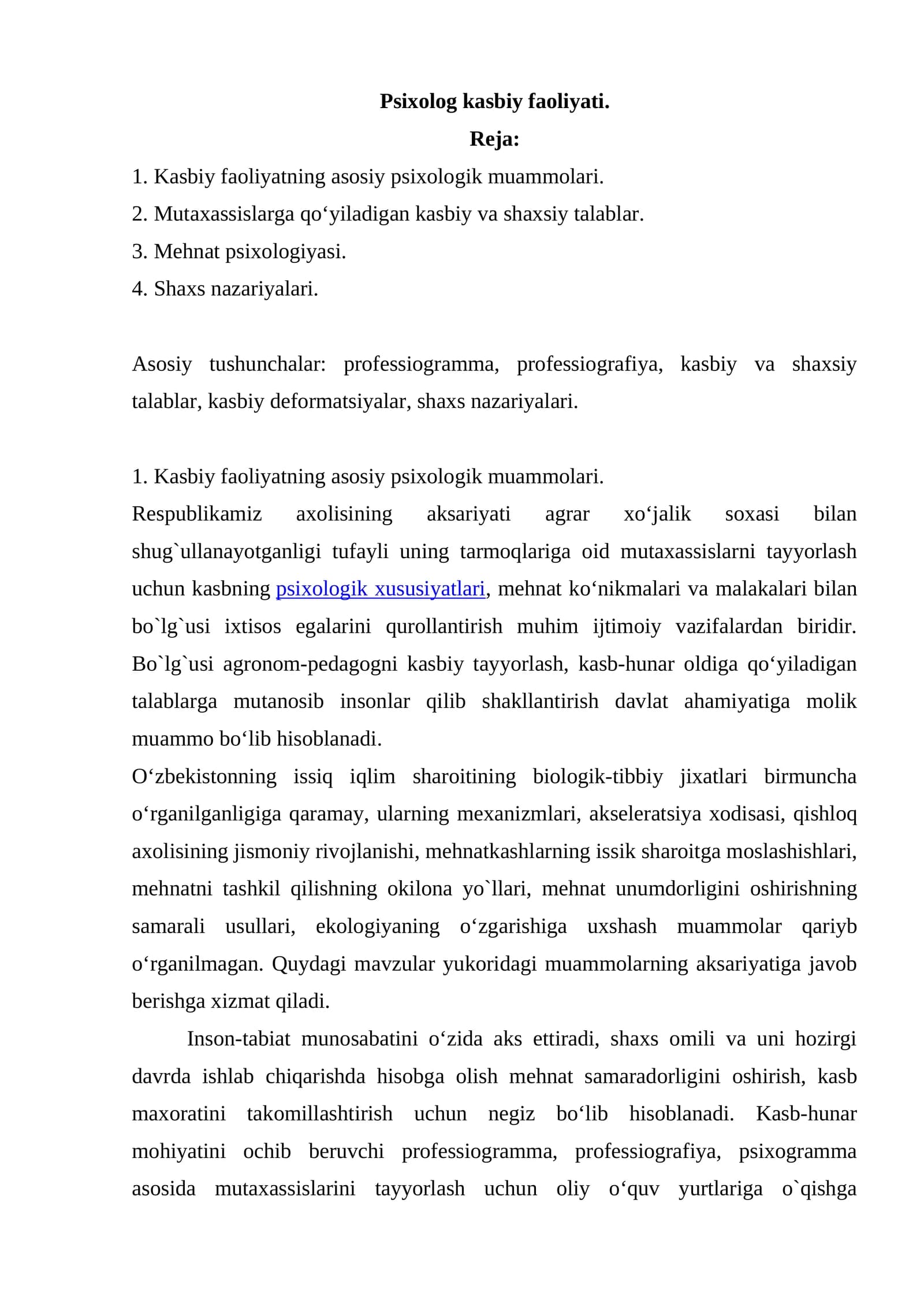 Psixolog kasbiy faoliyati