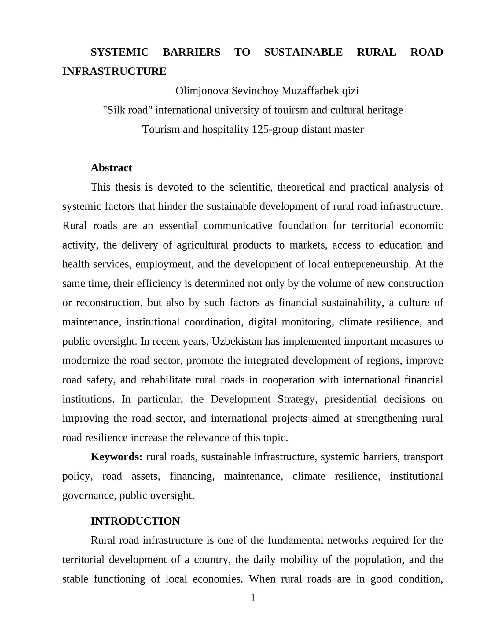 SYSTEMIC BARRIERS TO SUSTAINABLE RURAL ROAD INFRASTRUCTURE