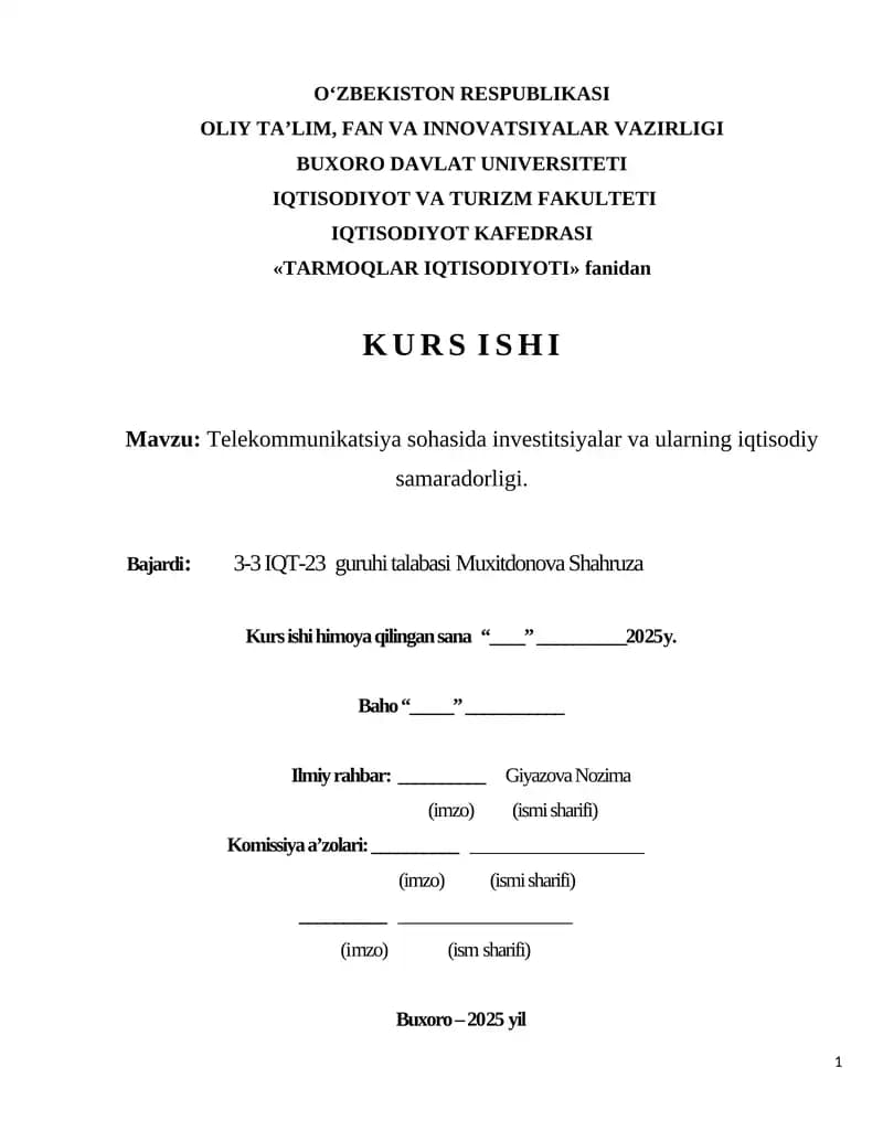Tarmoqlar iqtisodiyoti kurs ishi