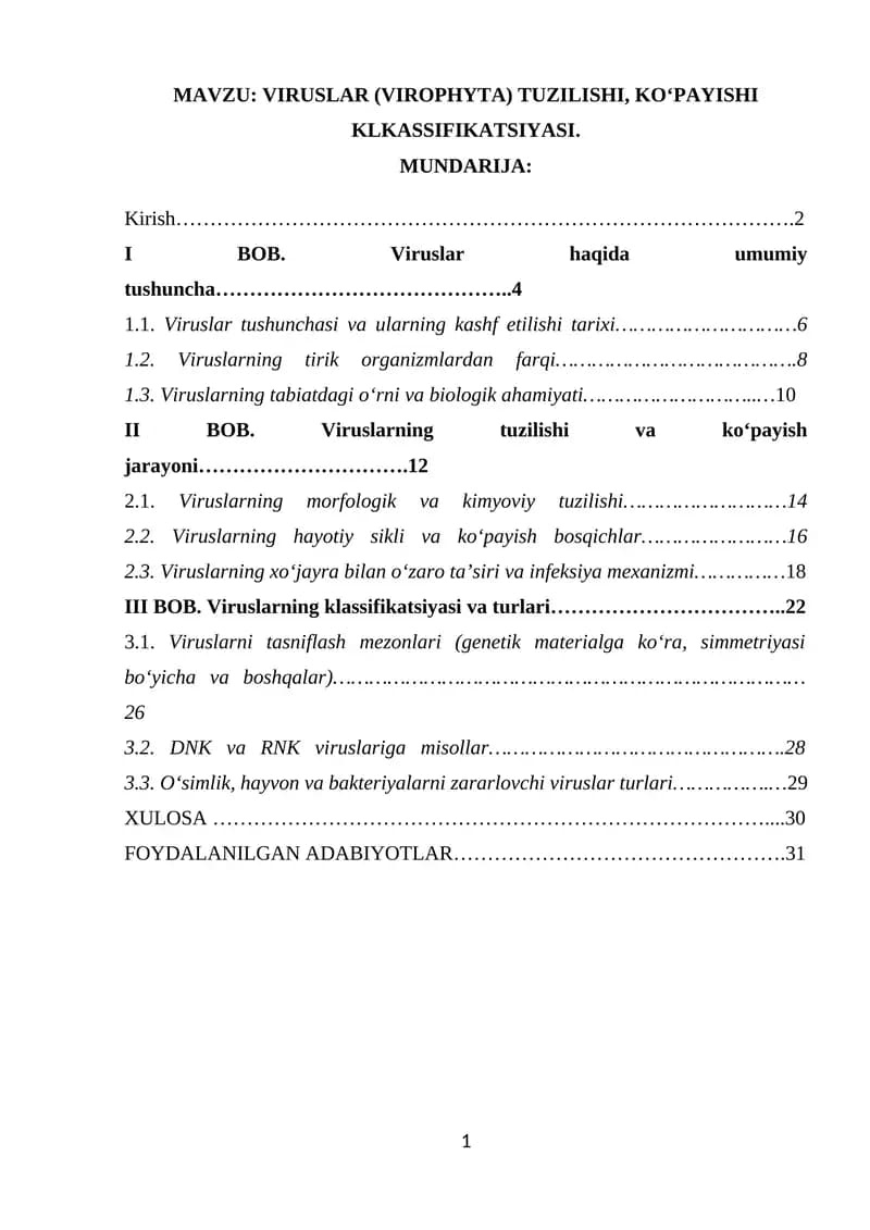 Viruslar (Virophyta) tuzilishi, ko‘payishi kLkassifikatsiyasi