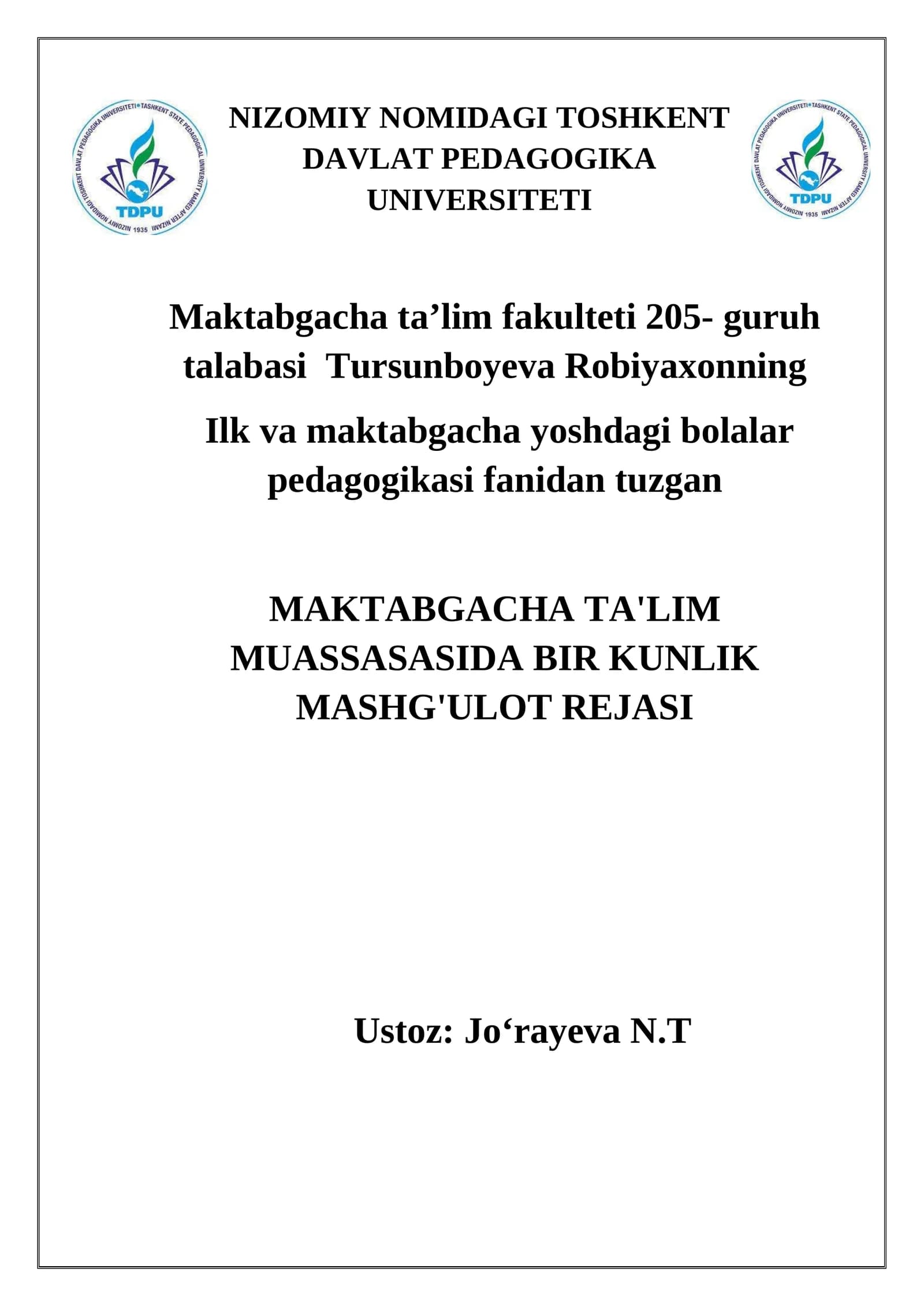 MAKTABGACHA TA'LIM MUASSASASIDA BIR KUNLIK MASHG'ULOT REJASI