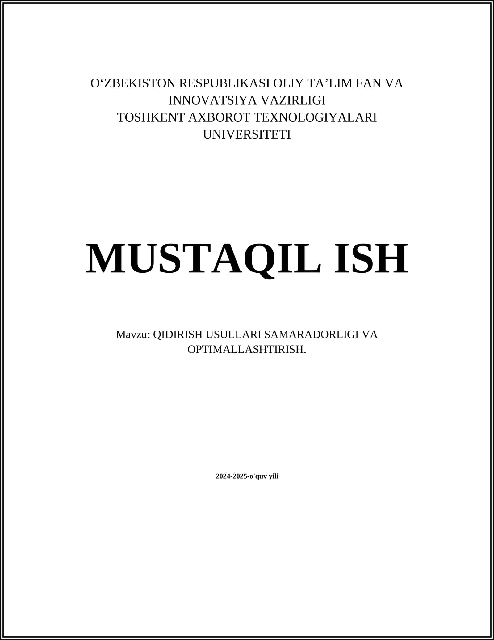 QIDIRISH USULLARI SAMARADORLIGI VA OPTIMALLASHTIRISH