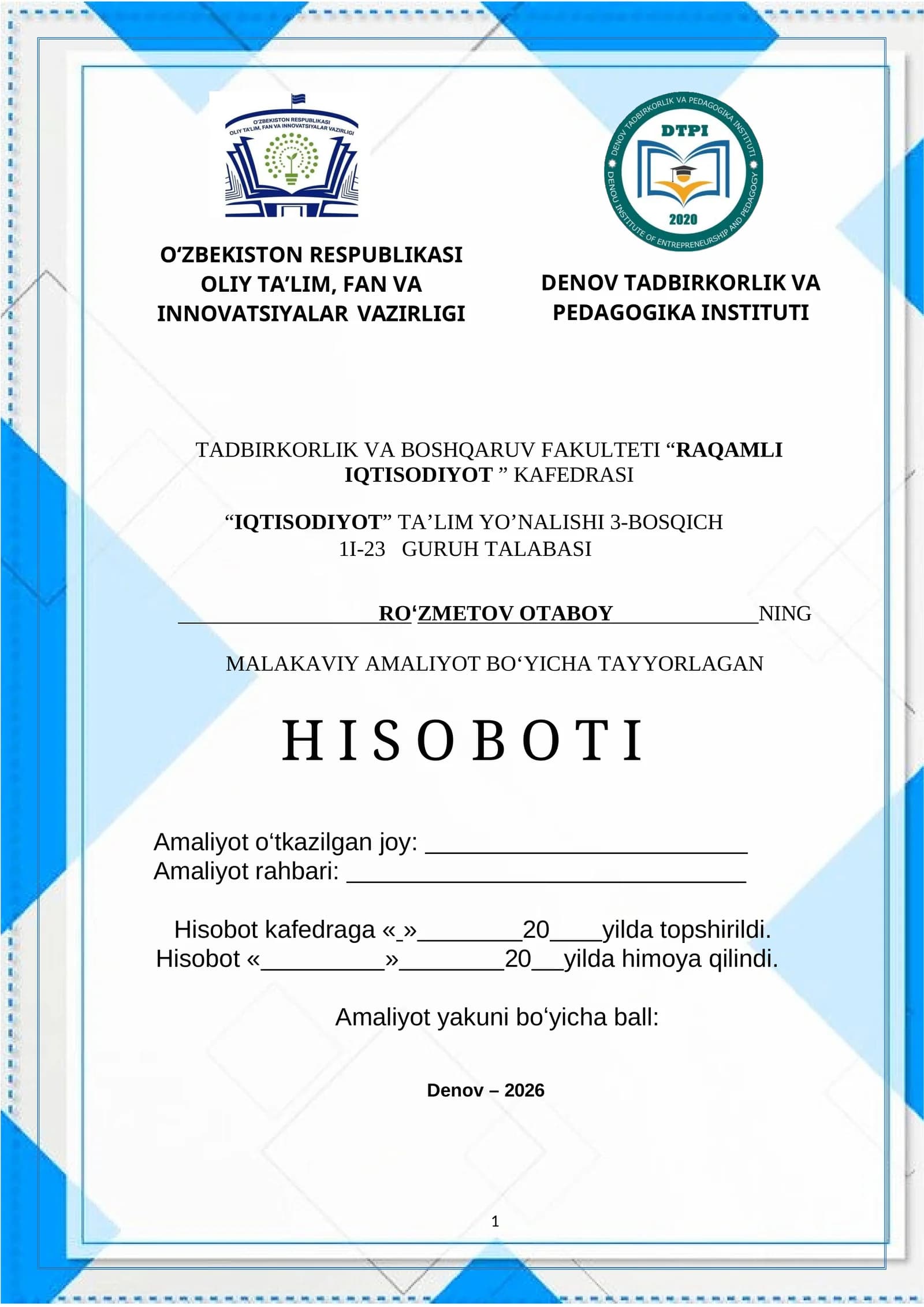 Urganch shahridagi "Karavan" mehmonxona  da amalyot hisoboti