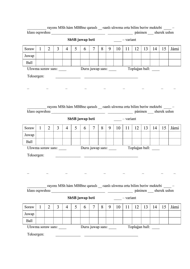 ShSB (Shereklik summativ bahalaw) juwap beti