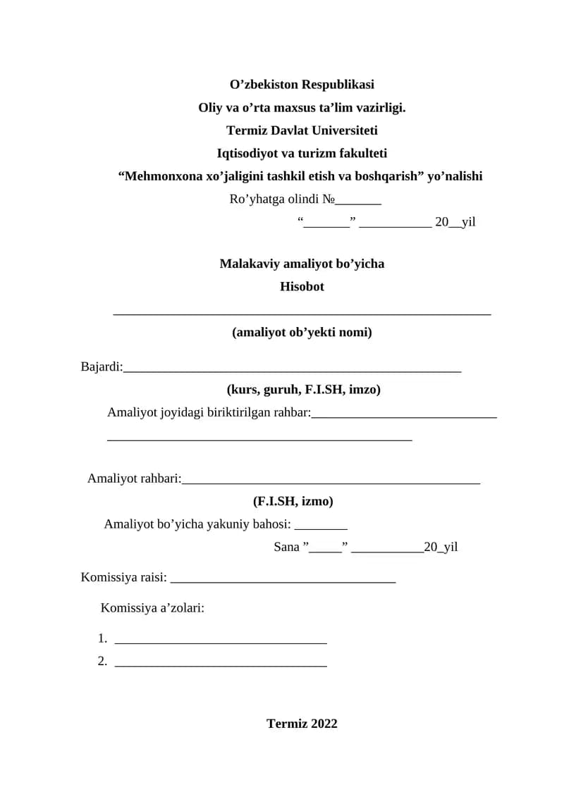 Malakaviy amaliyot bo’yicha Hisobot