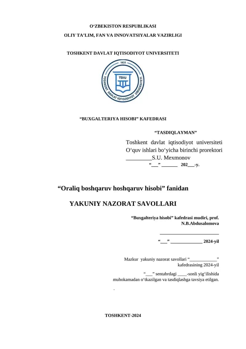 Oraliq boshqaruv hisobi testlar