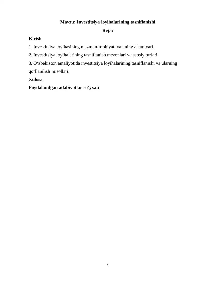 Investitsiya loyihalarining tasniflanishi