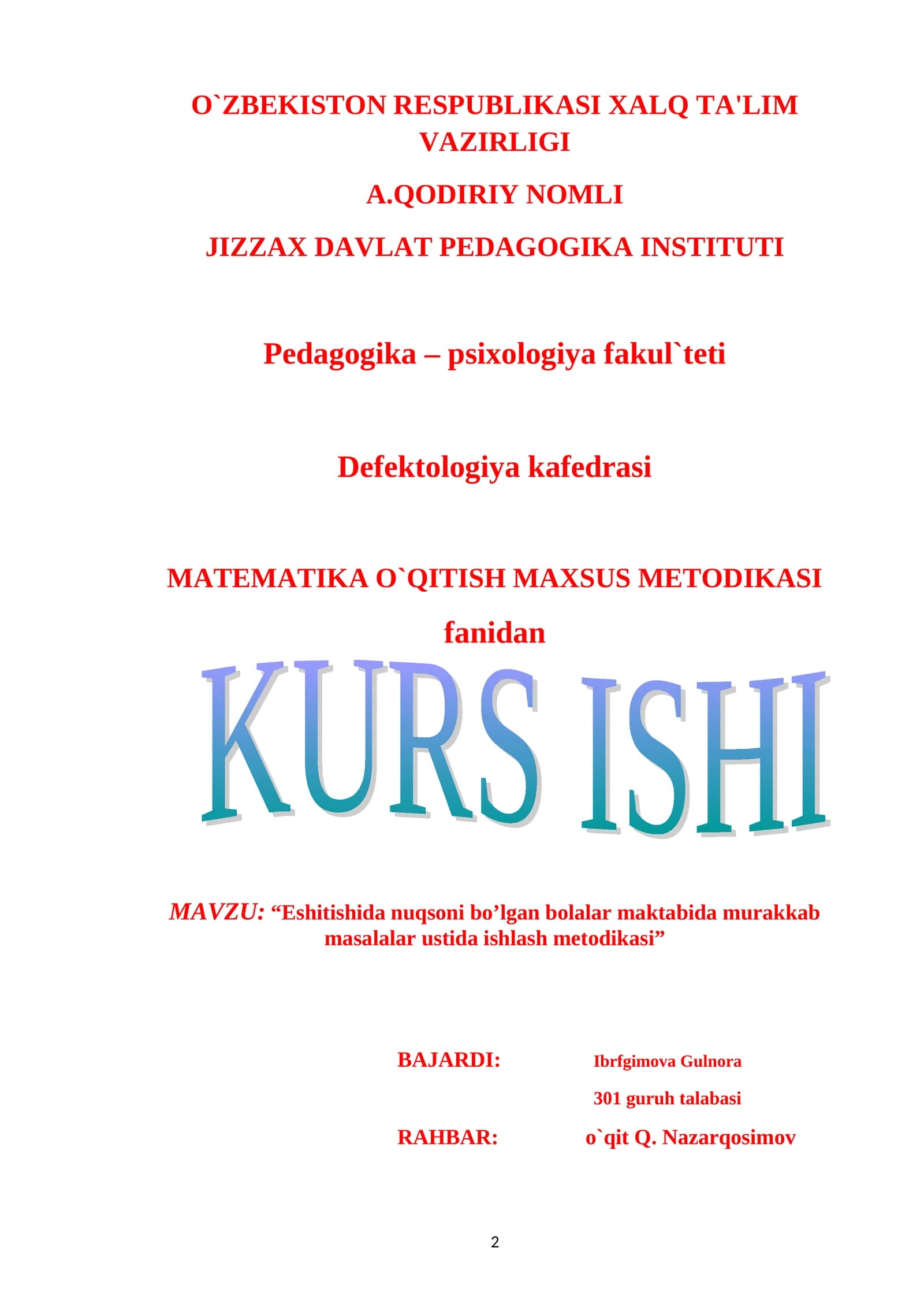 MATEMATIKA O`QITISH MAXSUS METODIKASI
