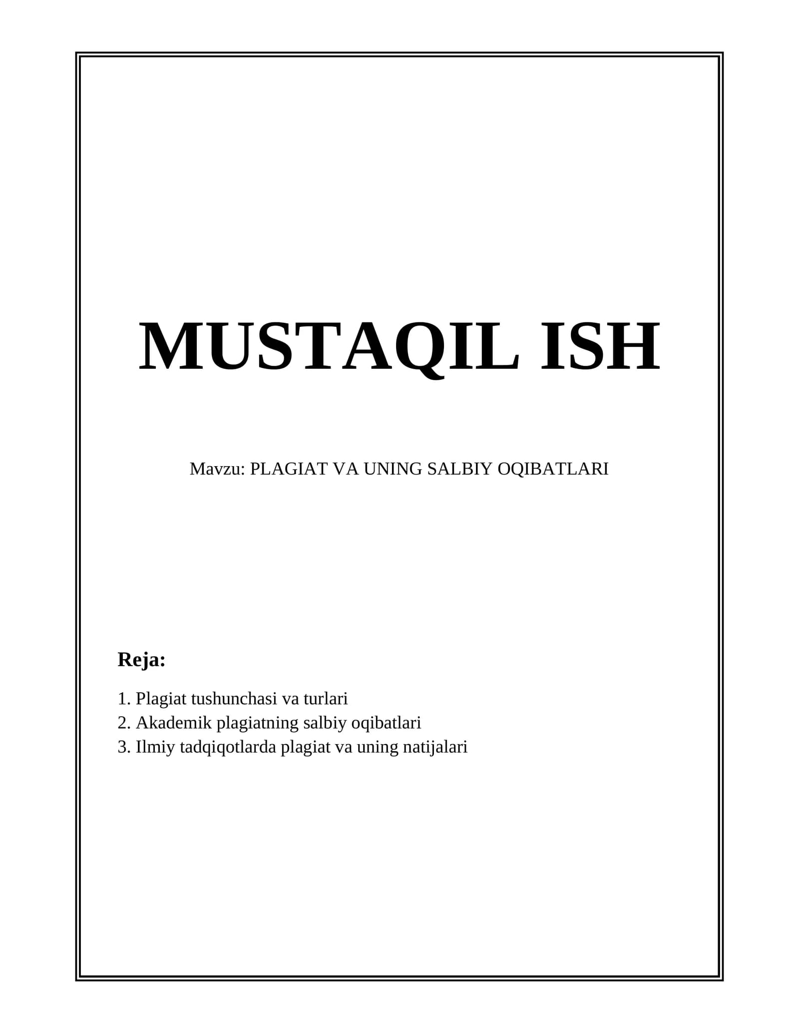 PLAGIAT VA UNING SALBIY OQIBATLARI