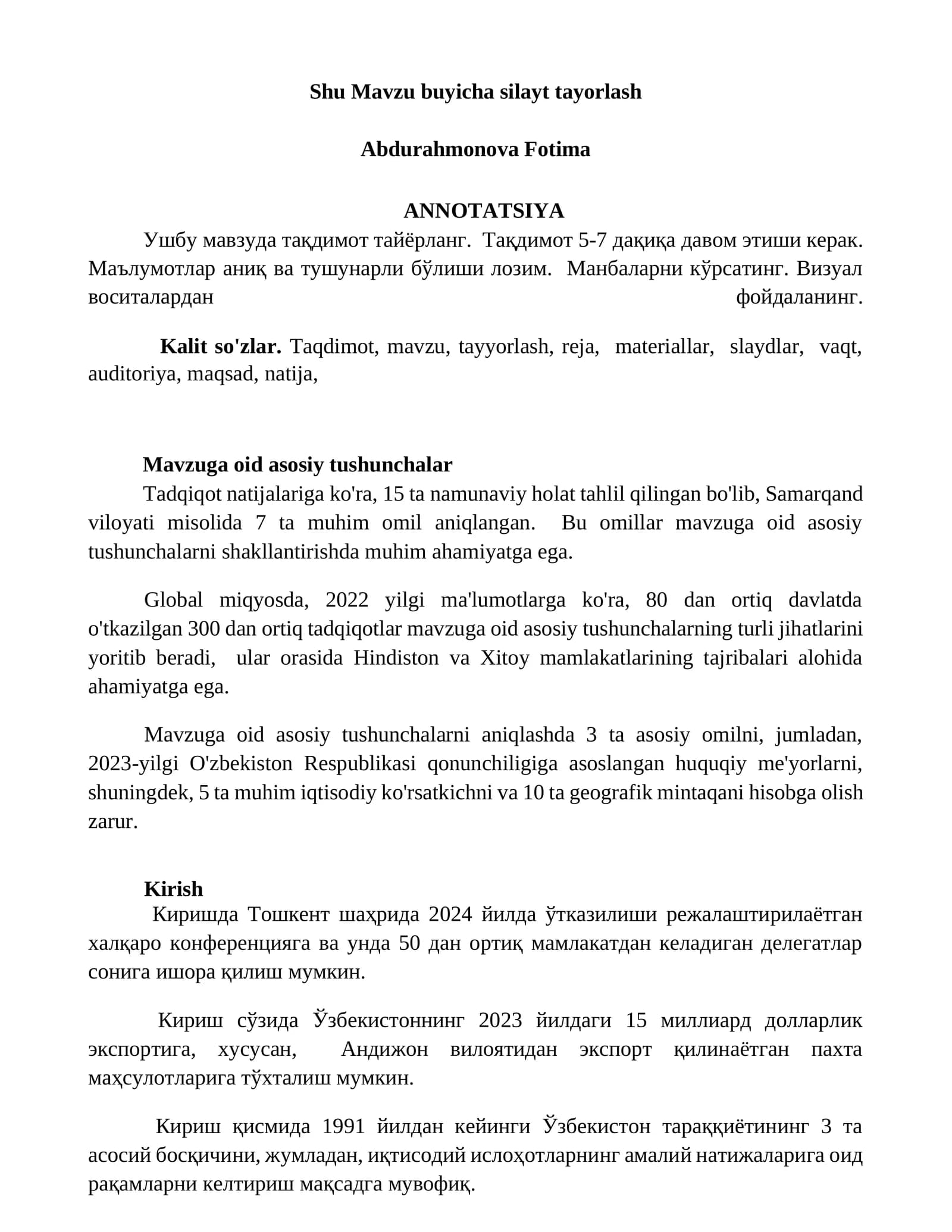 Shu Mavzu buyicha silayt tayorlash