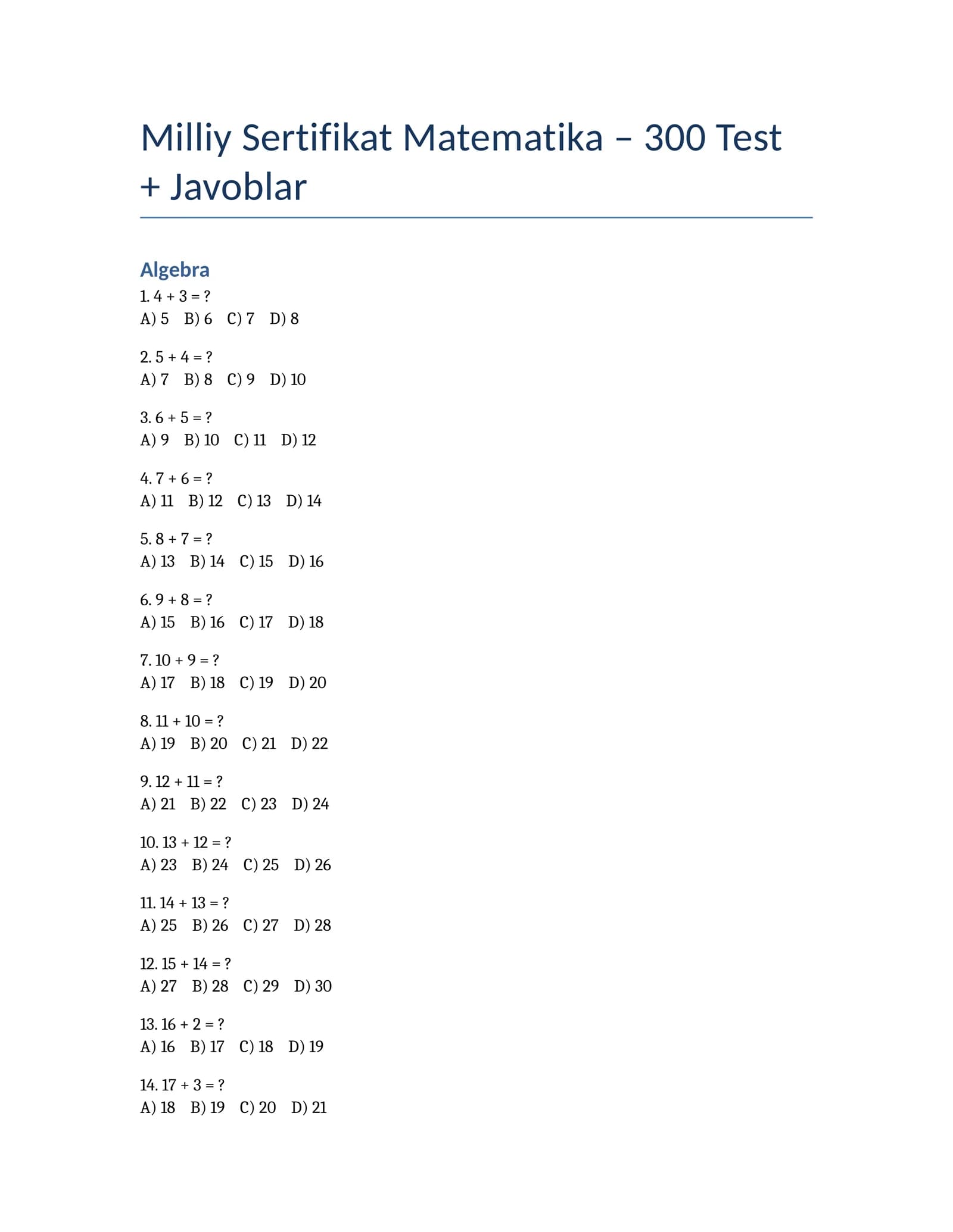 Milliy Sertifikat Matematika – 300 Test + Javoblar