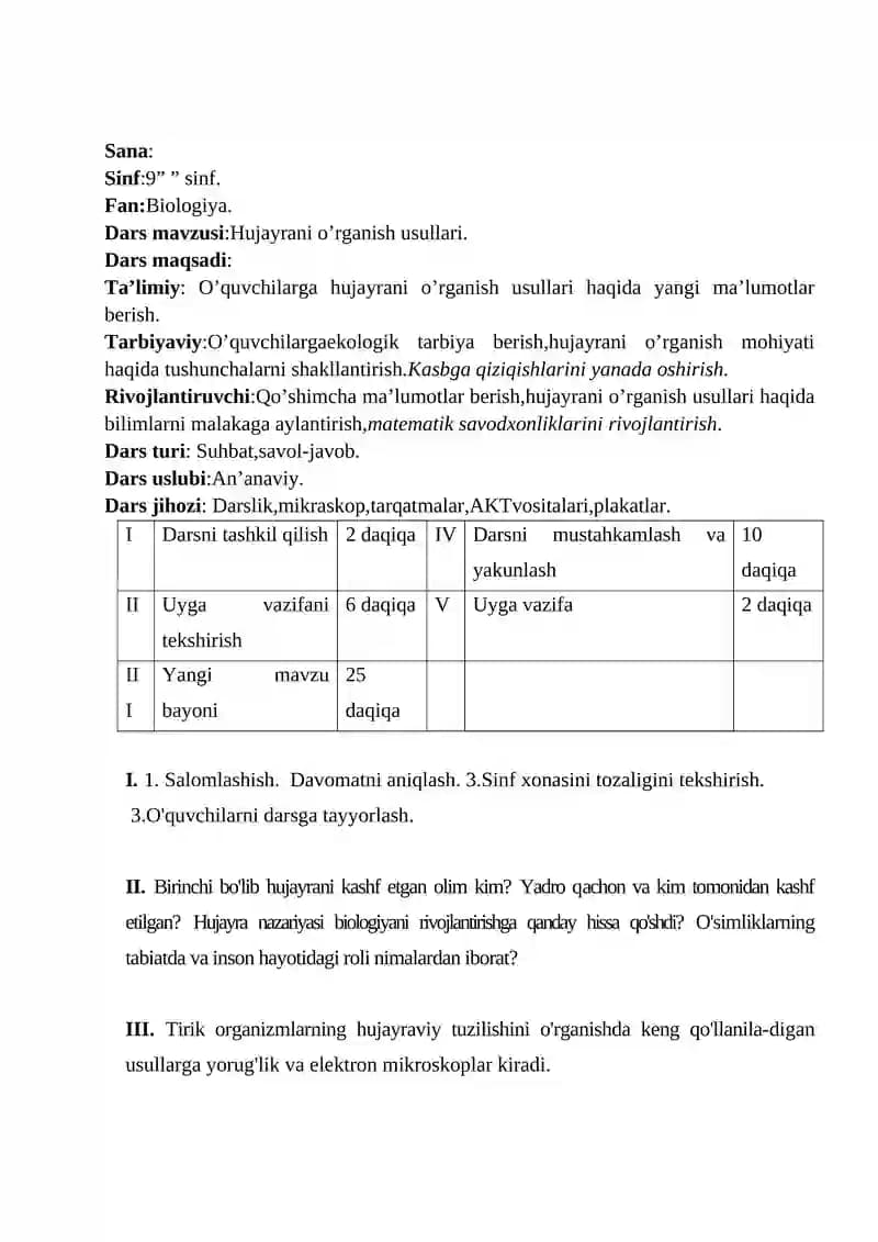 Hujayrani o’rganish usullari 9-sinf