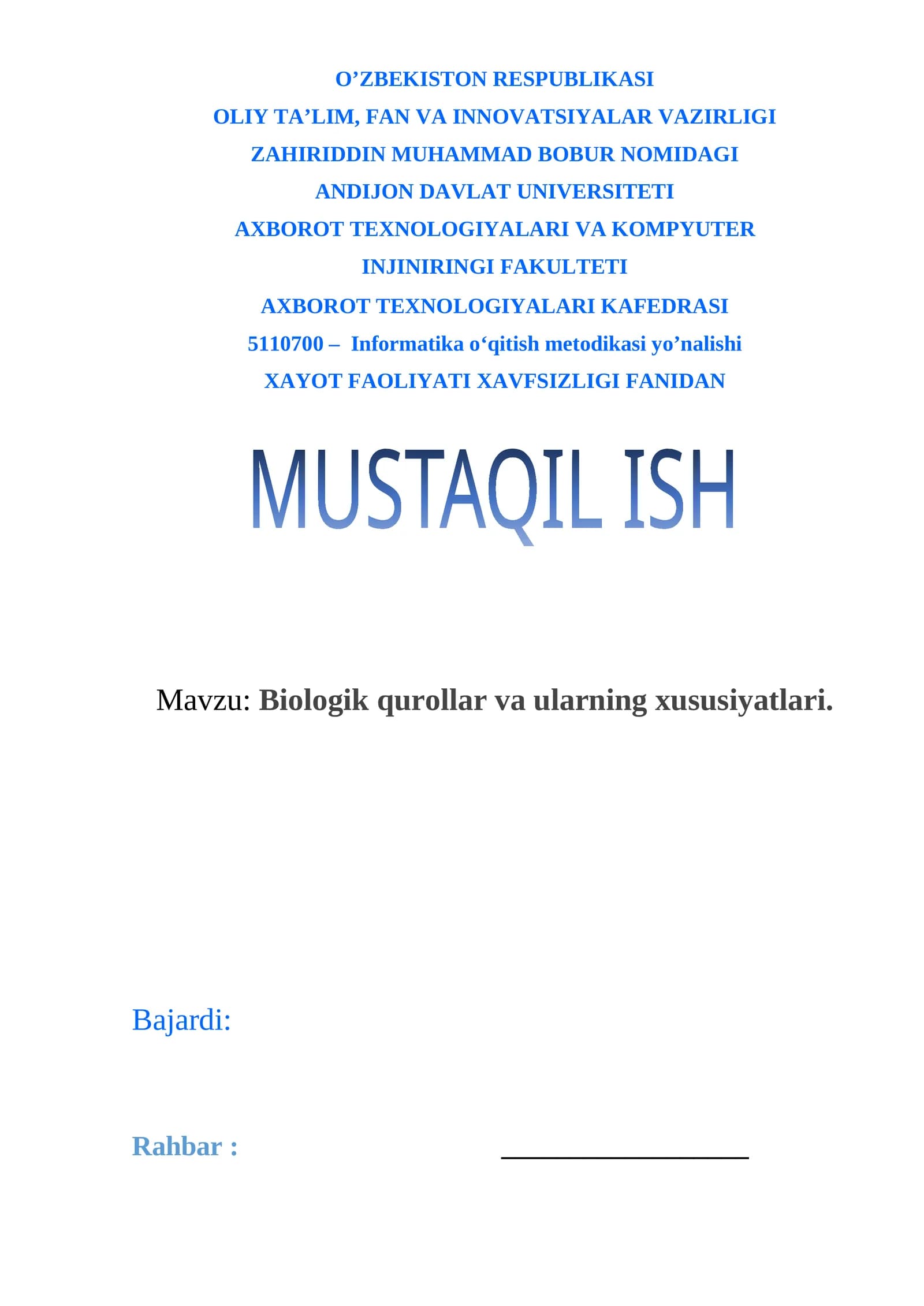 Biologik qurollar va ularning xususiyatlari
