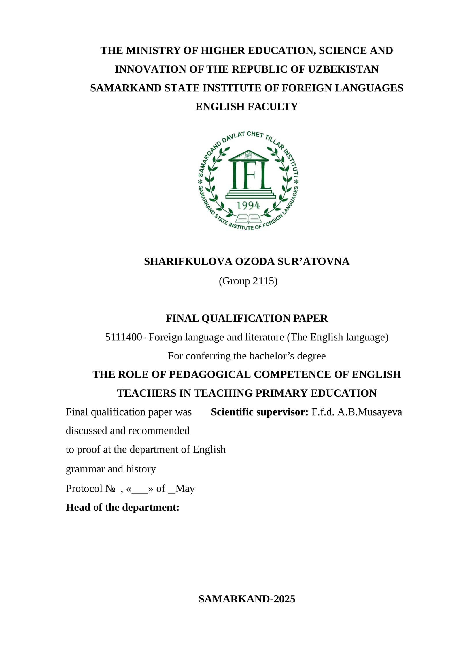 Final Qualification Paper on Pedagogical Competence of English Teachers