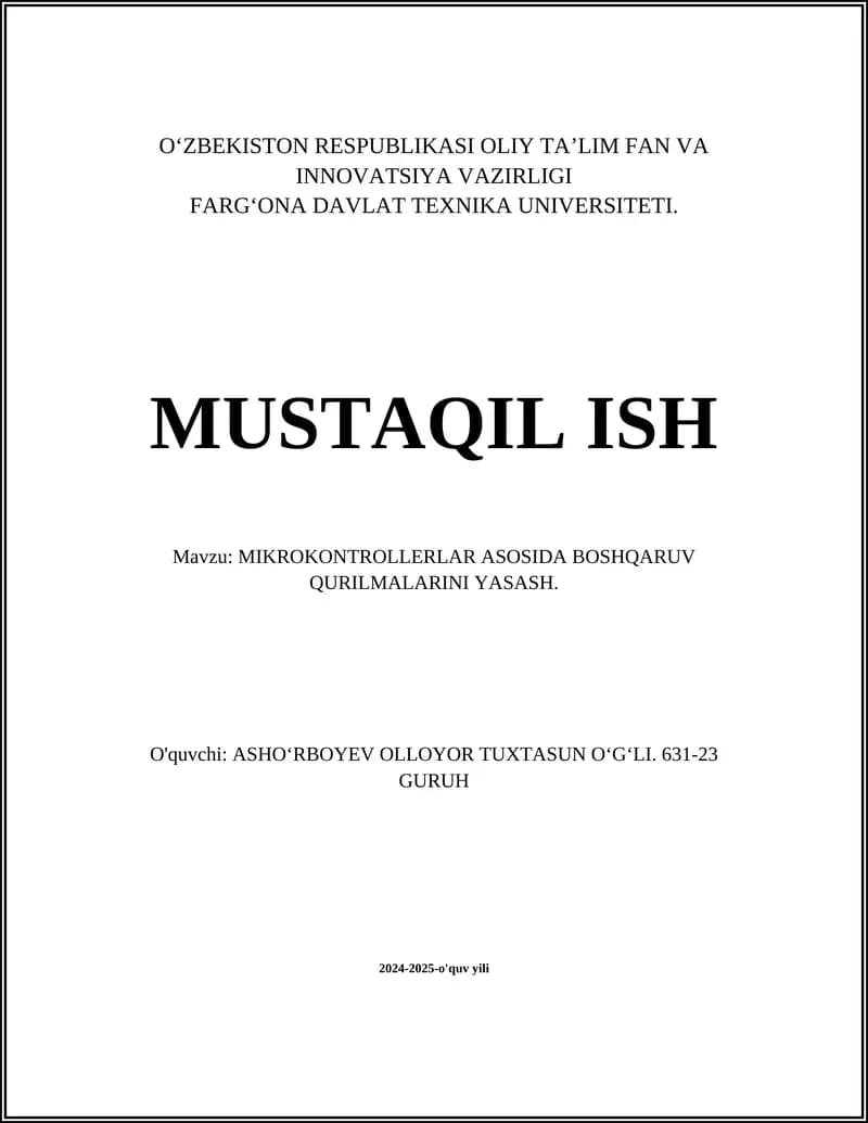 MIKROKONTROLLERLAR ASOSIDA BOSHQARUV QURILMALARINI YASASH