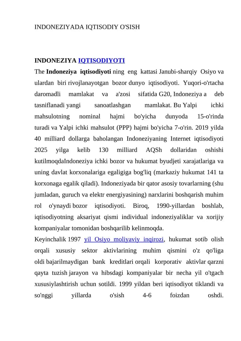 Indoneziyada Iqtisodiy O'Sish