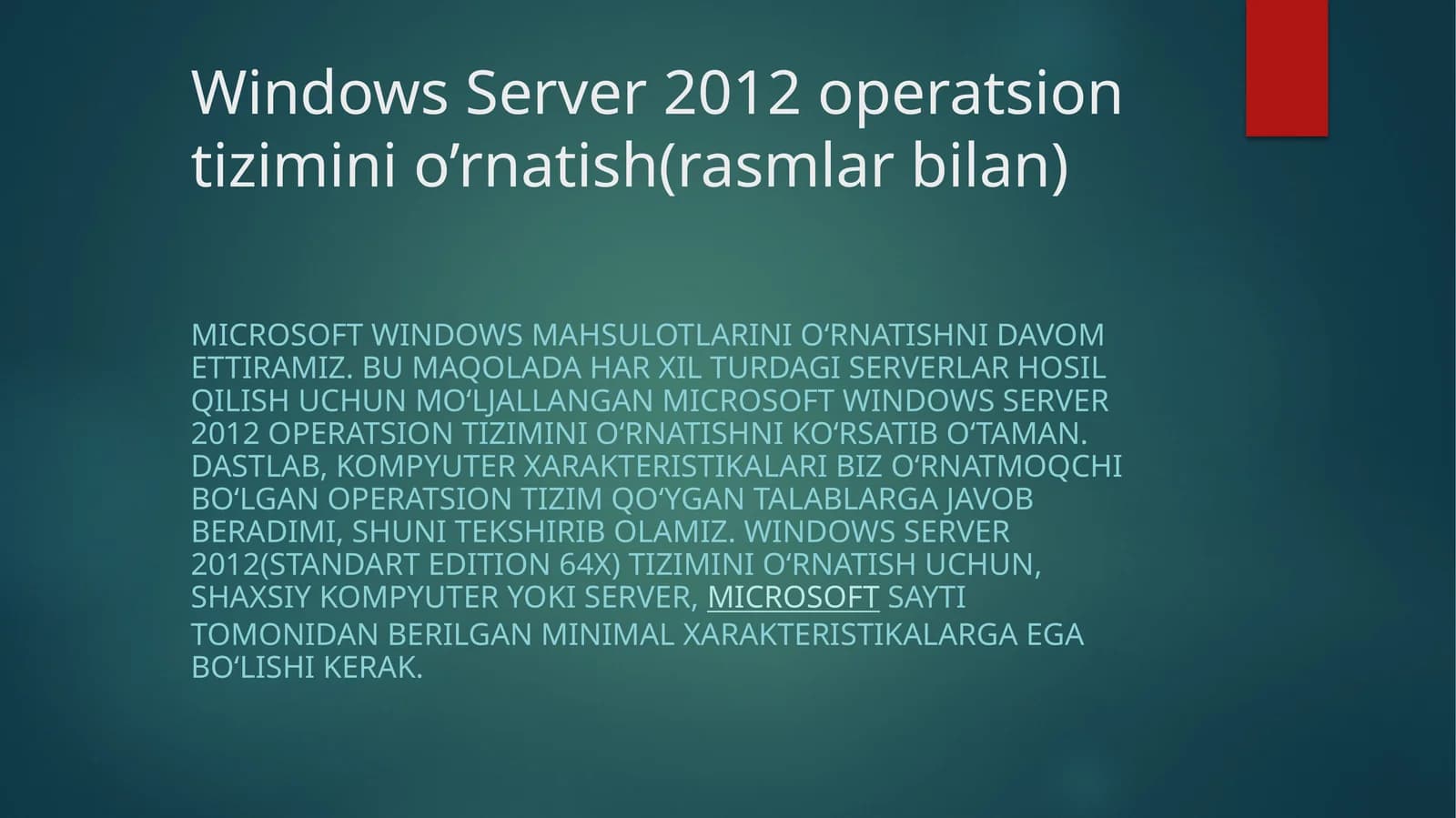Windows Server 2012 operatsion tizimini o'rnatish