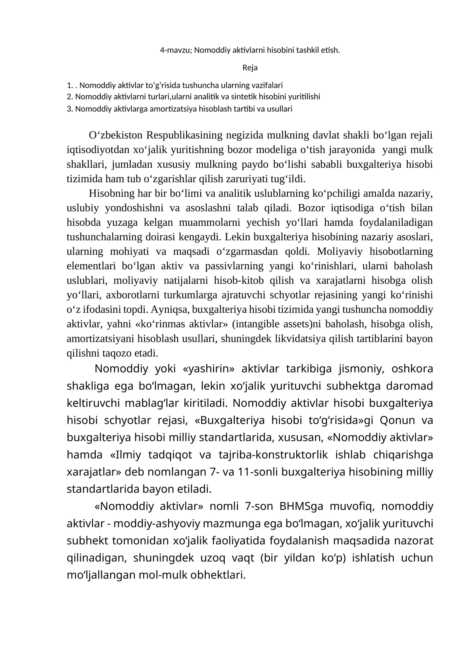 Nomoddiy aktivlarni hisobini tashkil etish