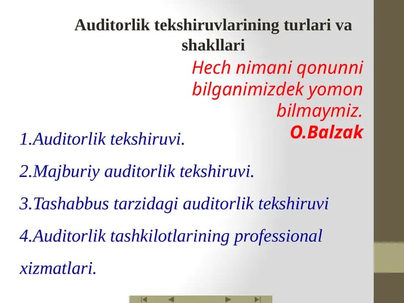 Auditorlik tekshiruvlarining turlari va shakllari