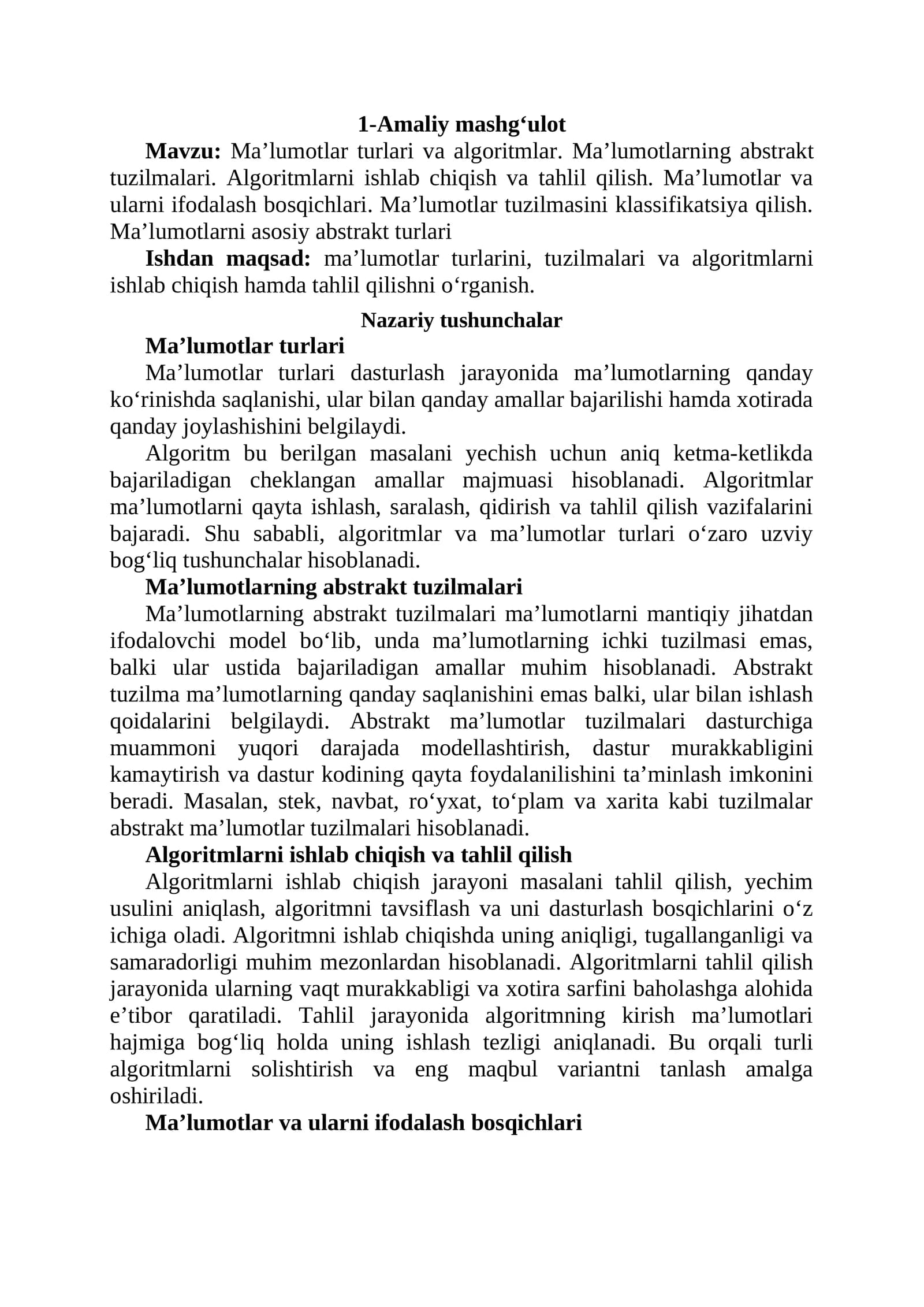 Ma'lumotlar turlari va algoritmlar