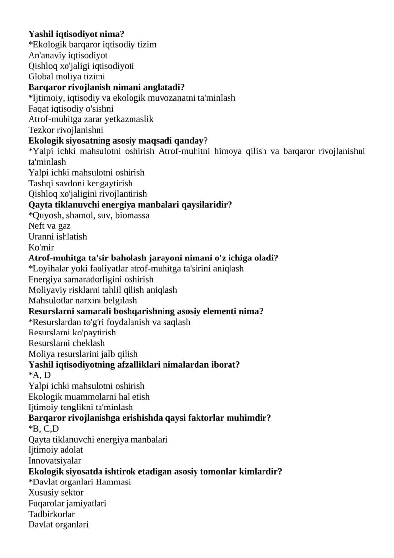 YASHIL IQTISOD TEST