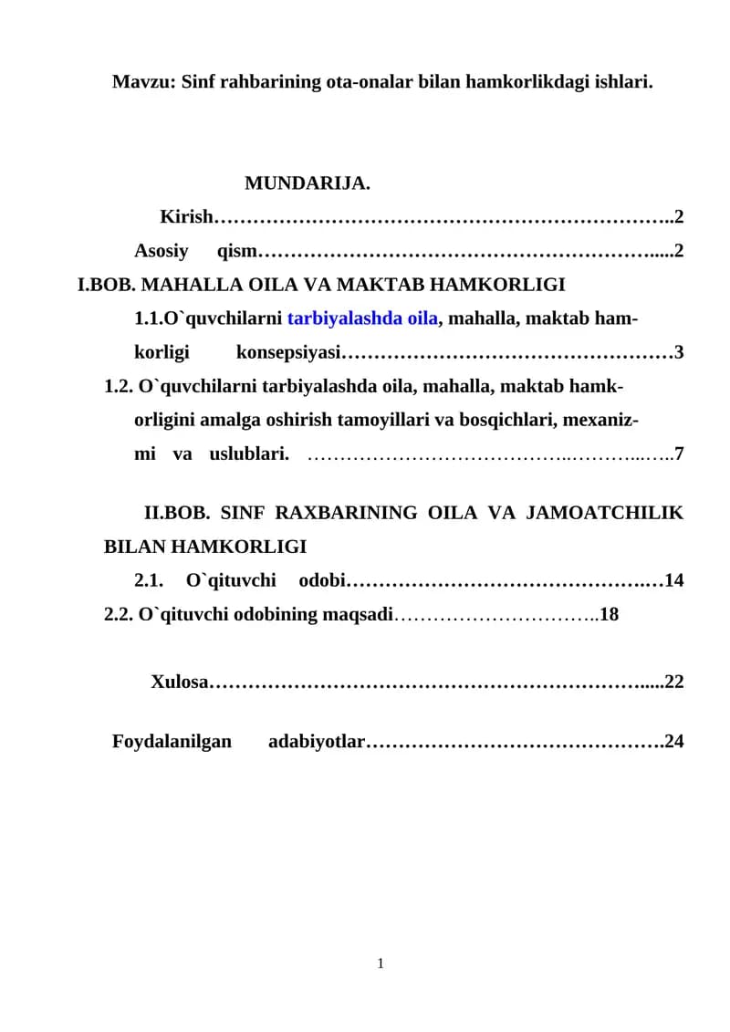 Sinf rahbarining ota-onalar bilan hamkorlikdagi ishlari