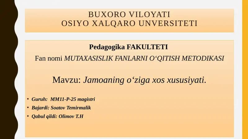 MUTAXASISLIK FANLARNIO‘QITISH METODIKASI