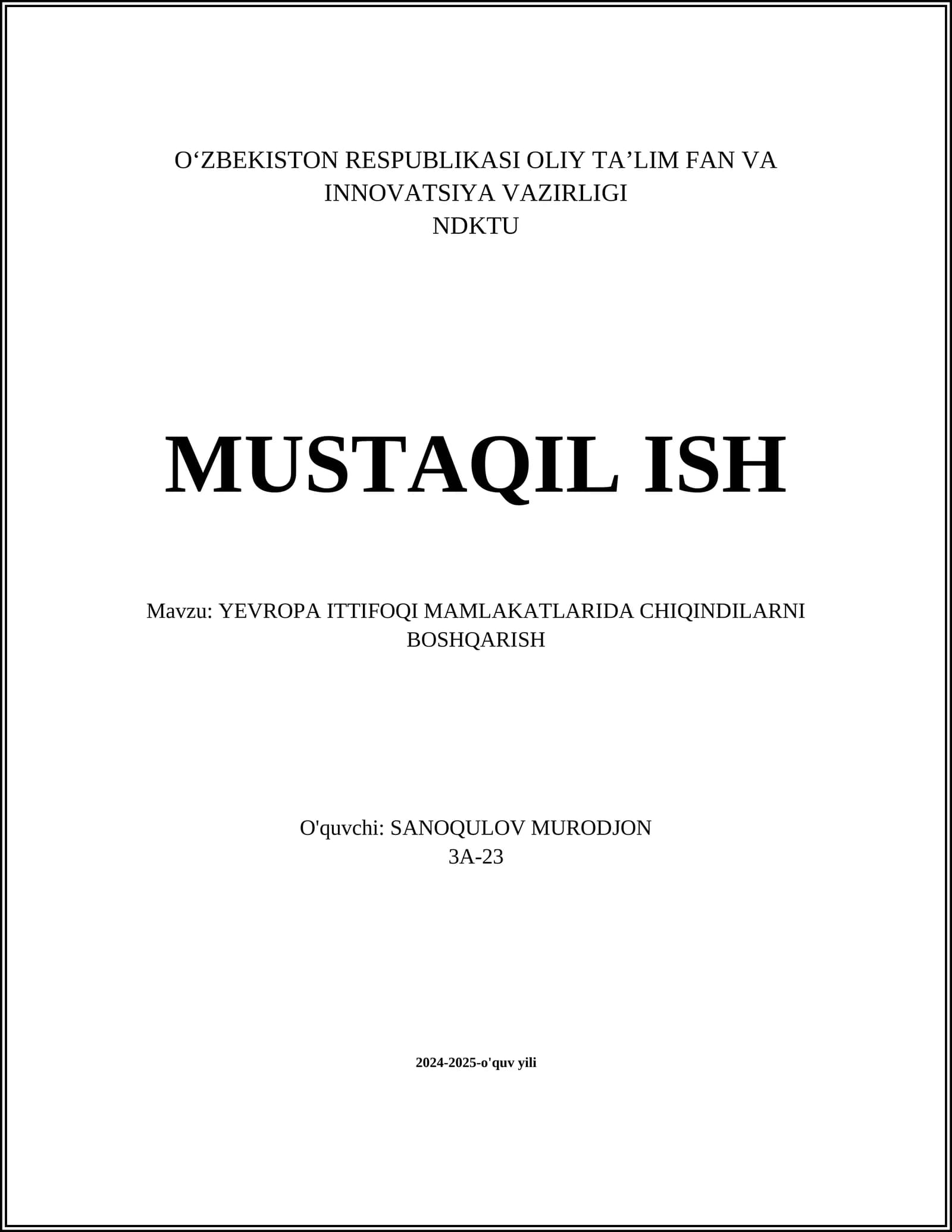 YEVROPA ITTIFOQI MAMLAKATLARIDA CHIQINDILARNI BOSHQARISH