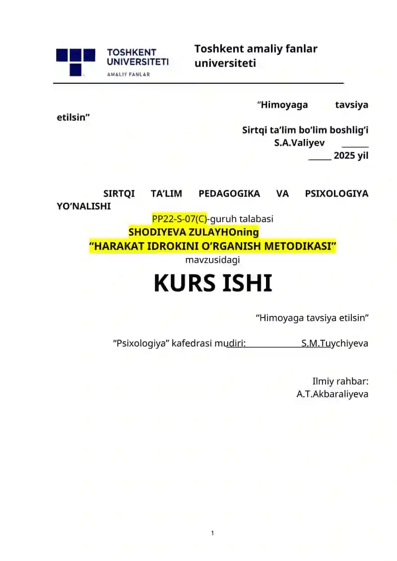 “HARAKAT IDROKINI O’RGANISH METODIKASI”