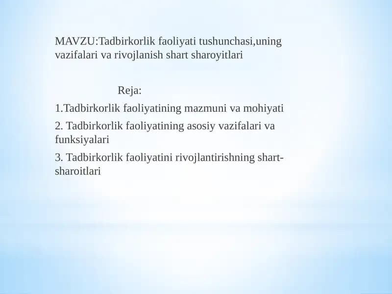 Tadbirkorlik faoliyati tushunchasi