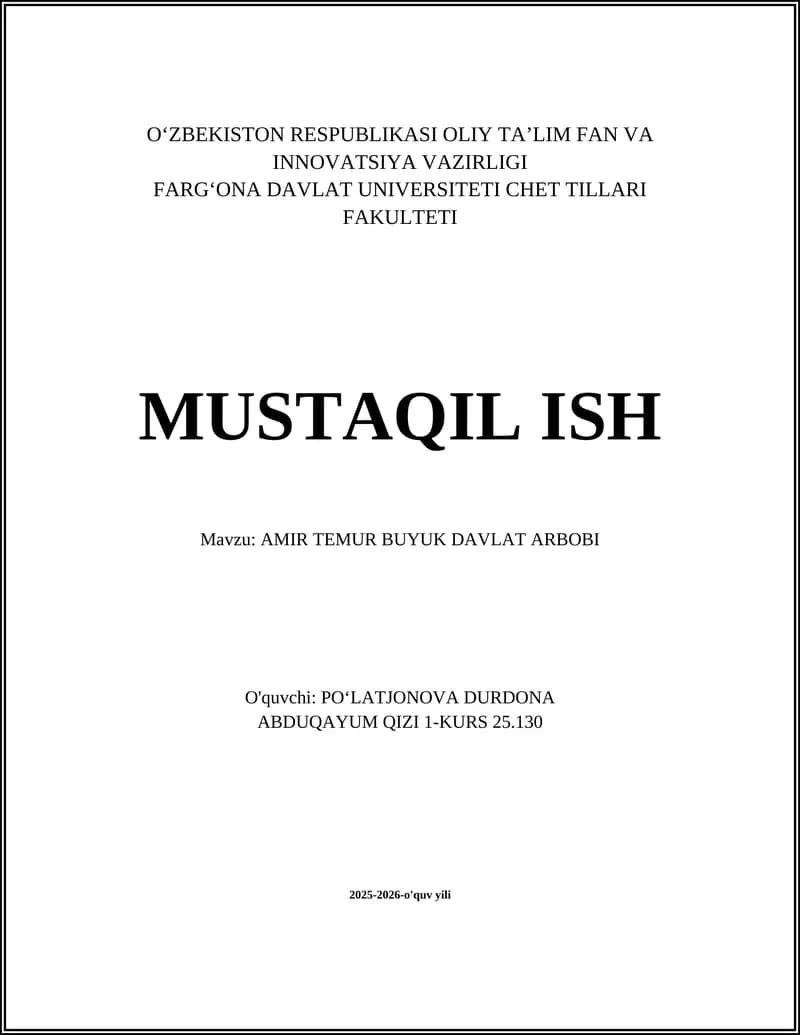 AMIR TEMUR BUYUK DAVLAT ARBOBI