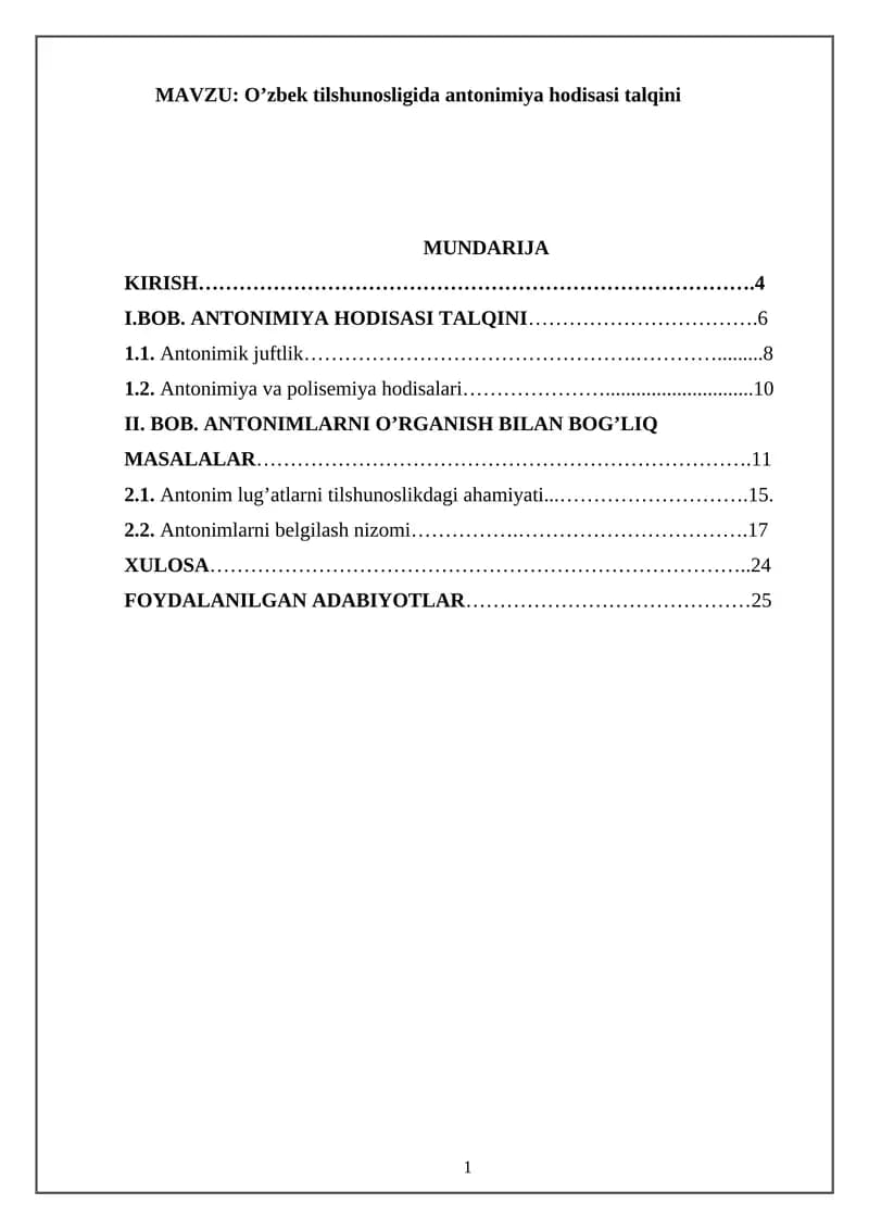 O’zbek tilshunosligida antonimiya hodisasi talqini