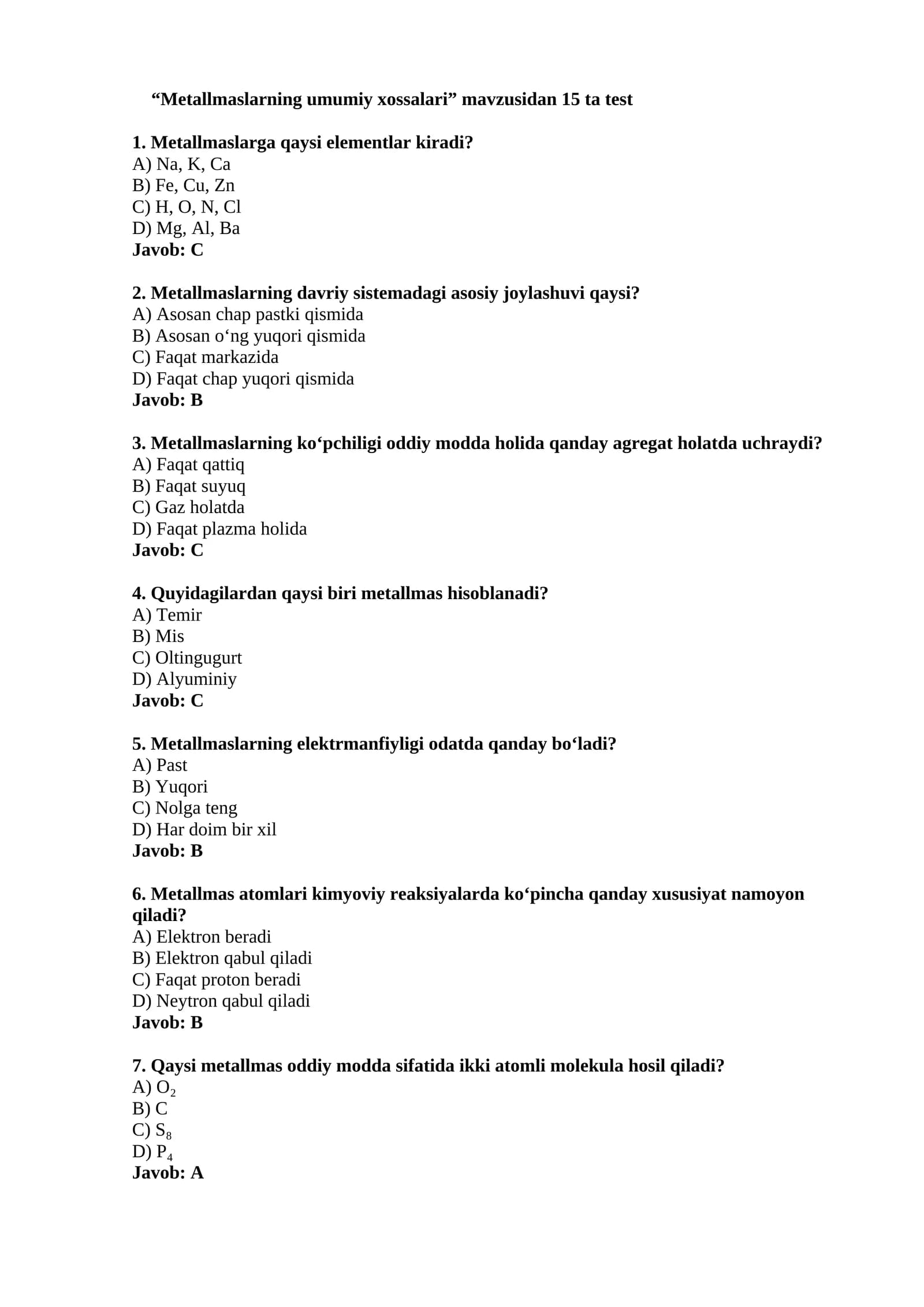 Metallmaslarning umumiy xossalari