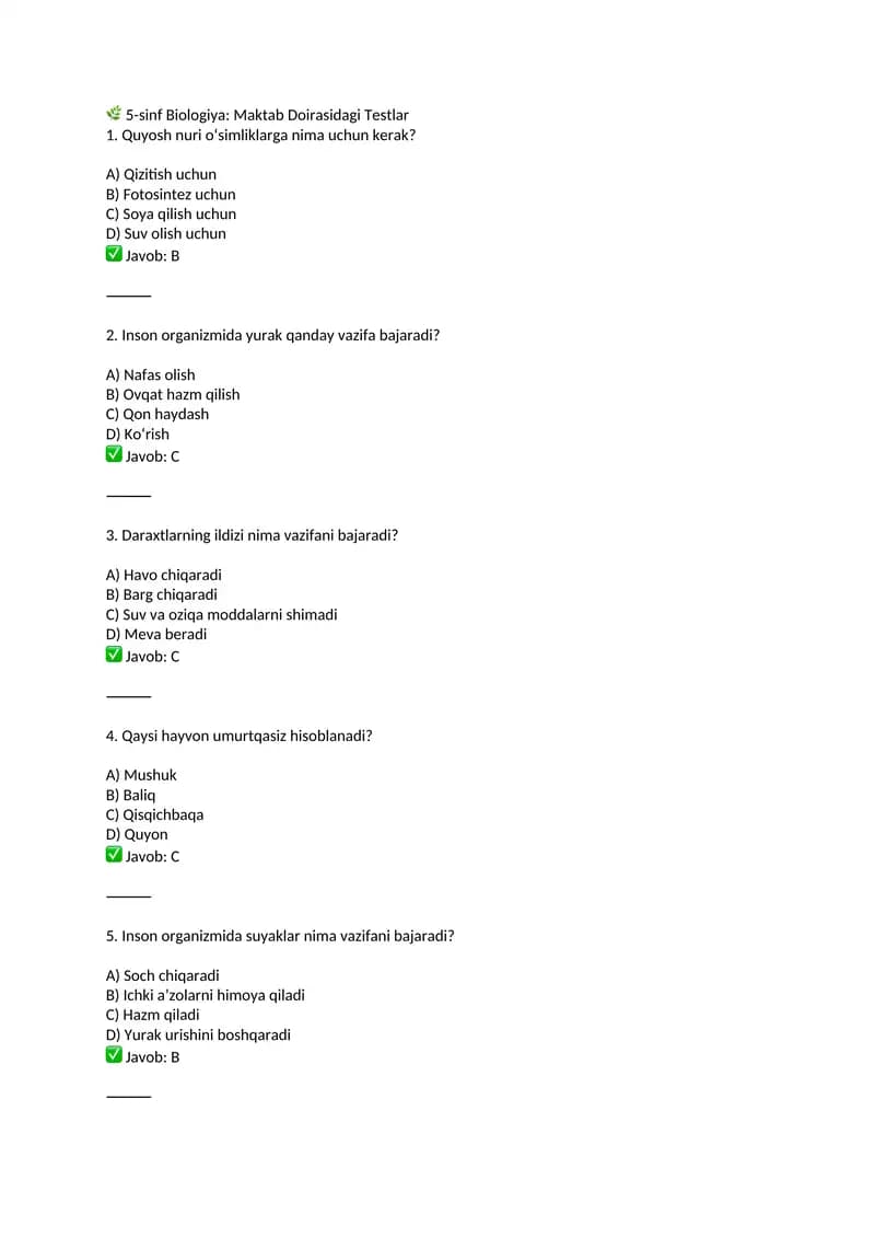 🌿 5-sinf Biologiya: Maktab Doirasidagi Testlar