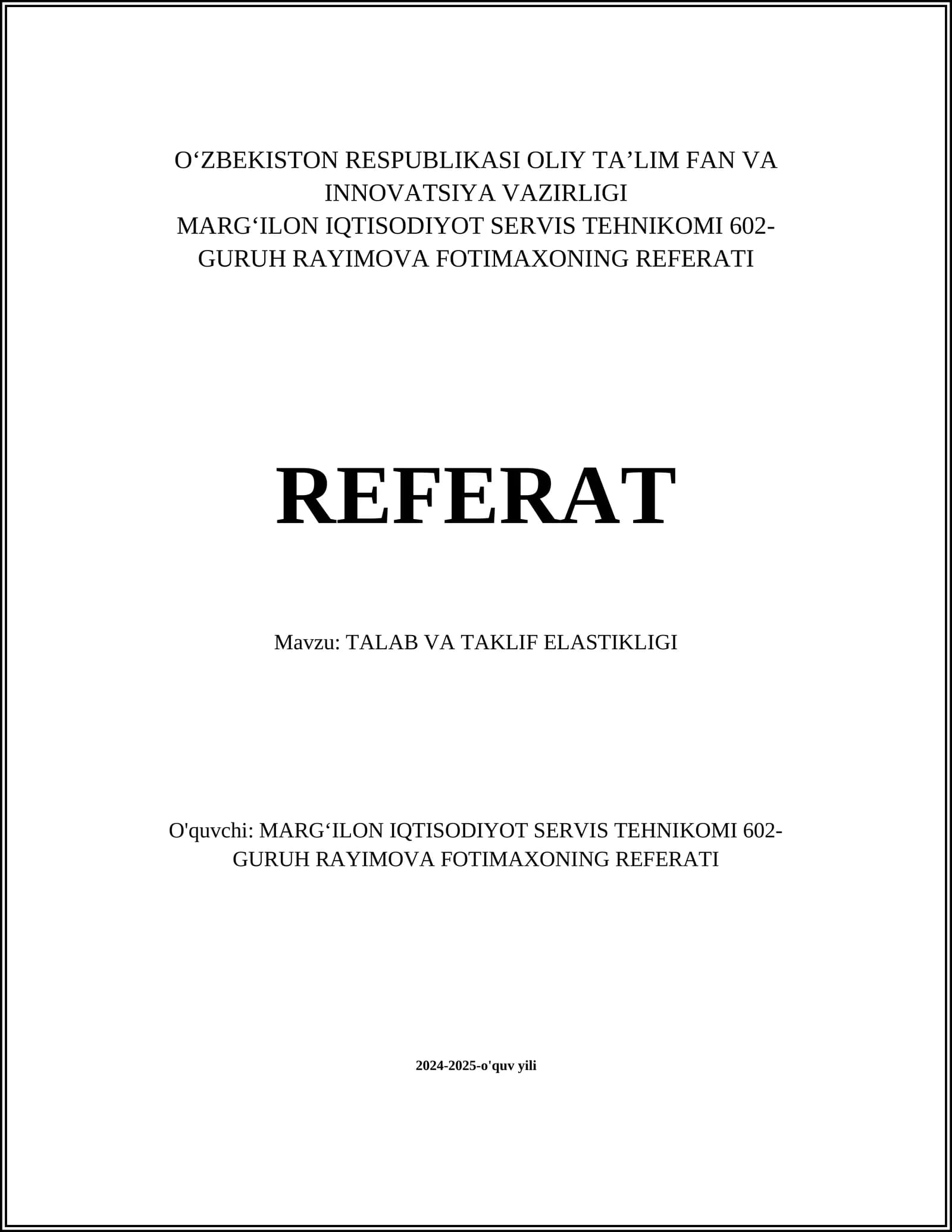 TALAB VA TAKLIF ELASTIKLIGI