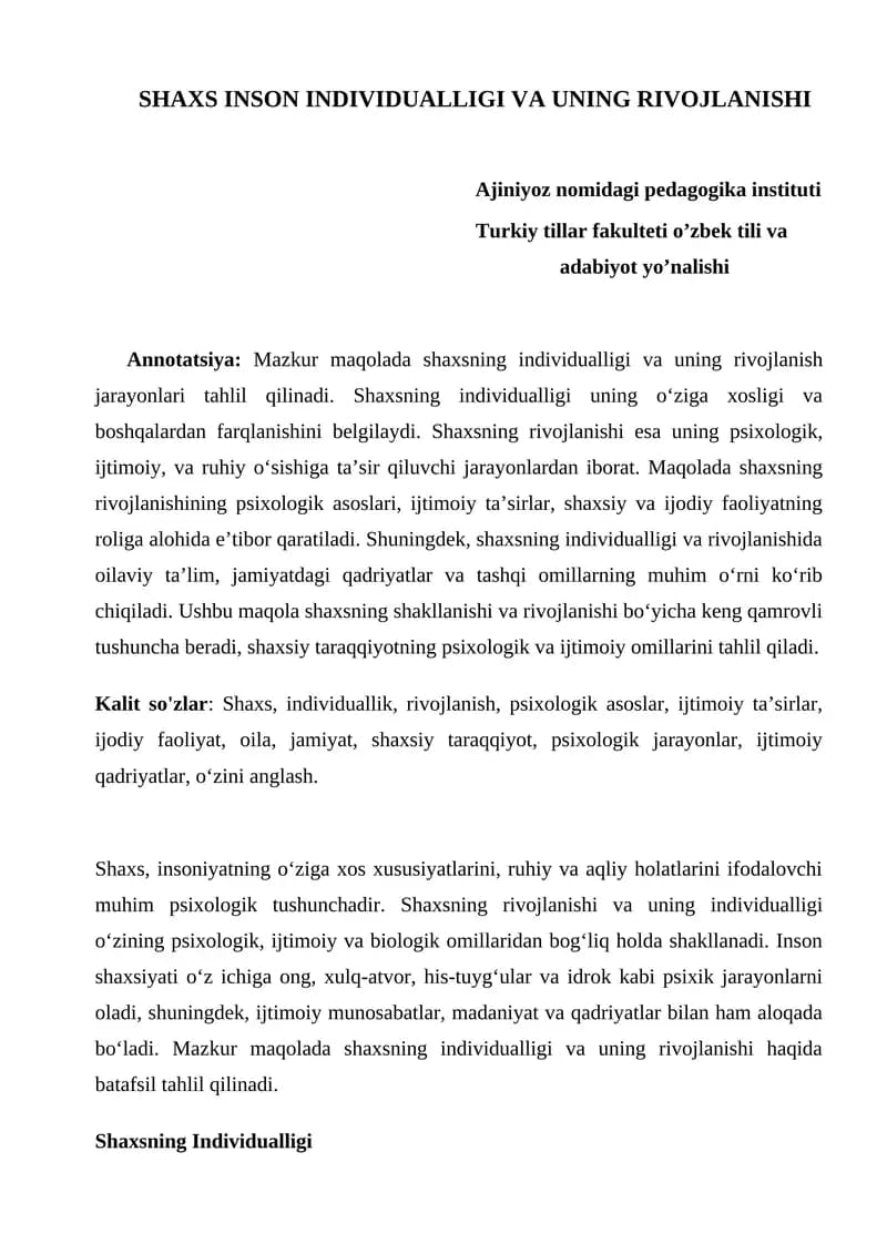SHAXS INSON INDIVIDUALLIGI VA UNING RIVOJLANISHI