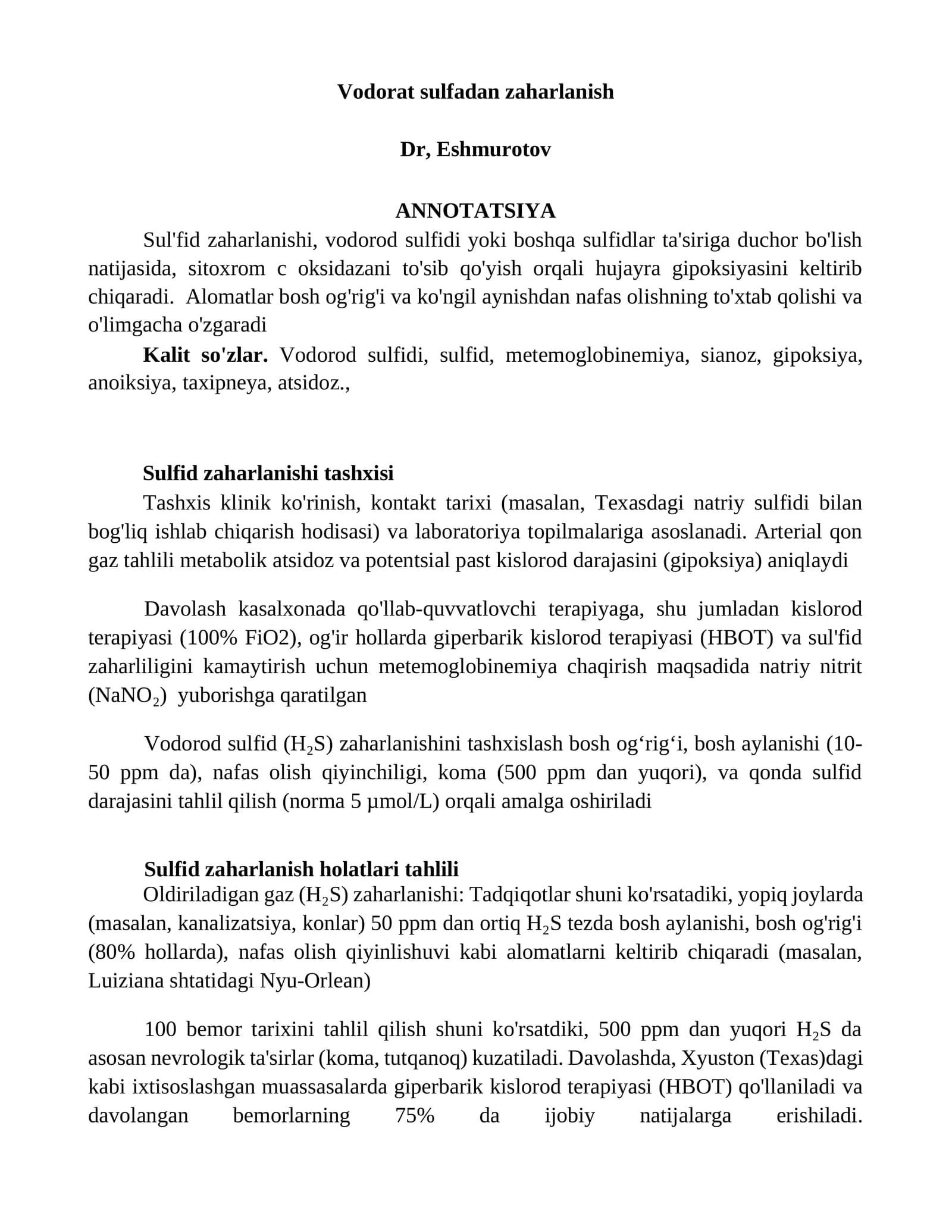Vodorat sulfadan zaharlanish