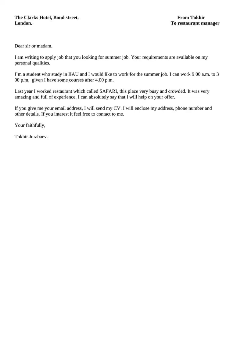 Summer Job Application