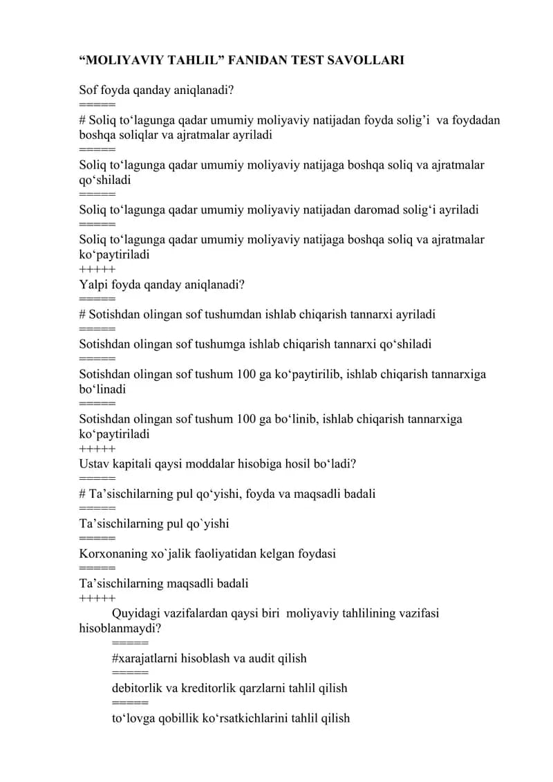 Moliyaviy tahlil test savollari
