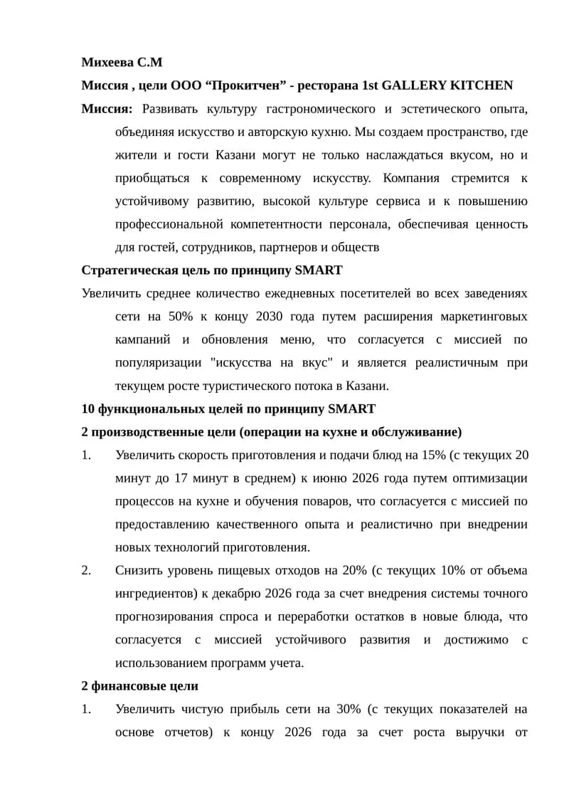 Миссия, цели ООО “Прокитчен” - ресторана 1st GALLERY KITCHEN