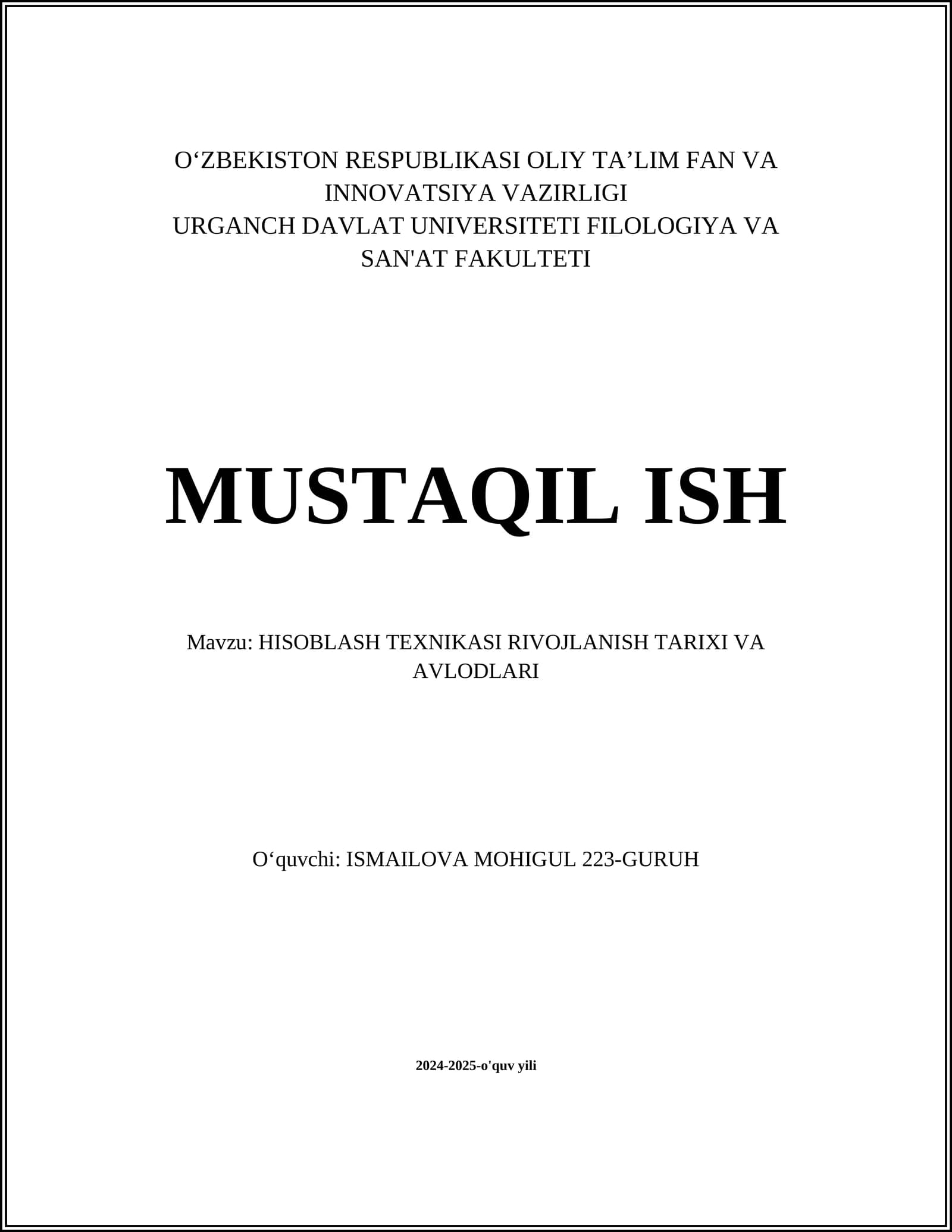 HISOBLASH TEXNIKASI RIVOJLANISH TARIXI VA AVLODLARI