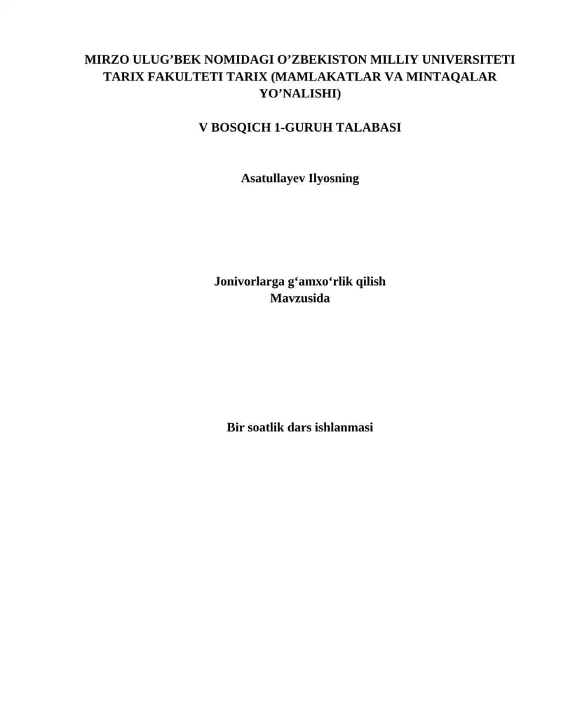 5-sinf 4-dars ishlanmasi - Jonivorlarga g‘amxo‘rlik qilish