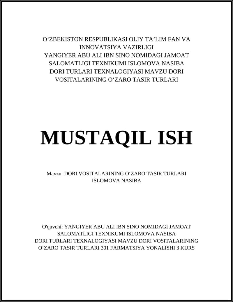 DORI VOSITALARINING OʻZARO TASIR TURLARI