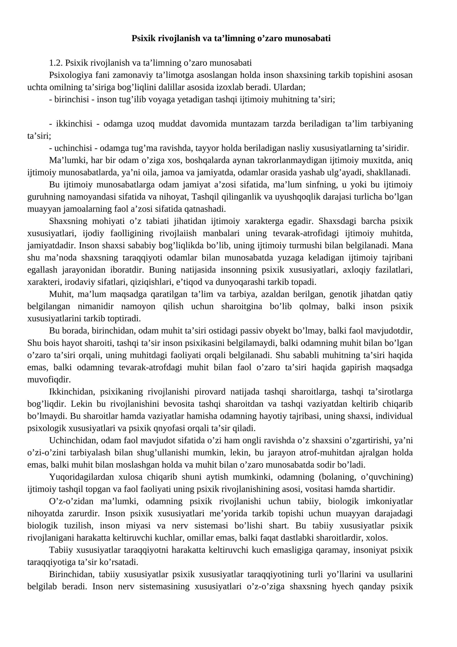 Psixik rivojlanish va ta’limning o’zaro munosabati