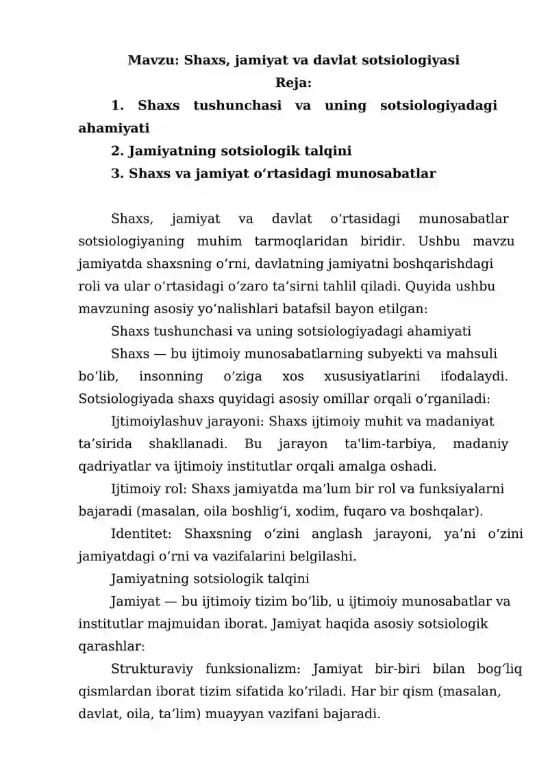 Shaxs, jamiyat va davlat sotsiologiyasi