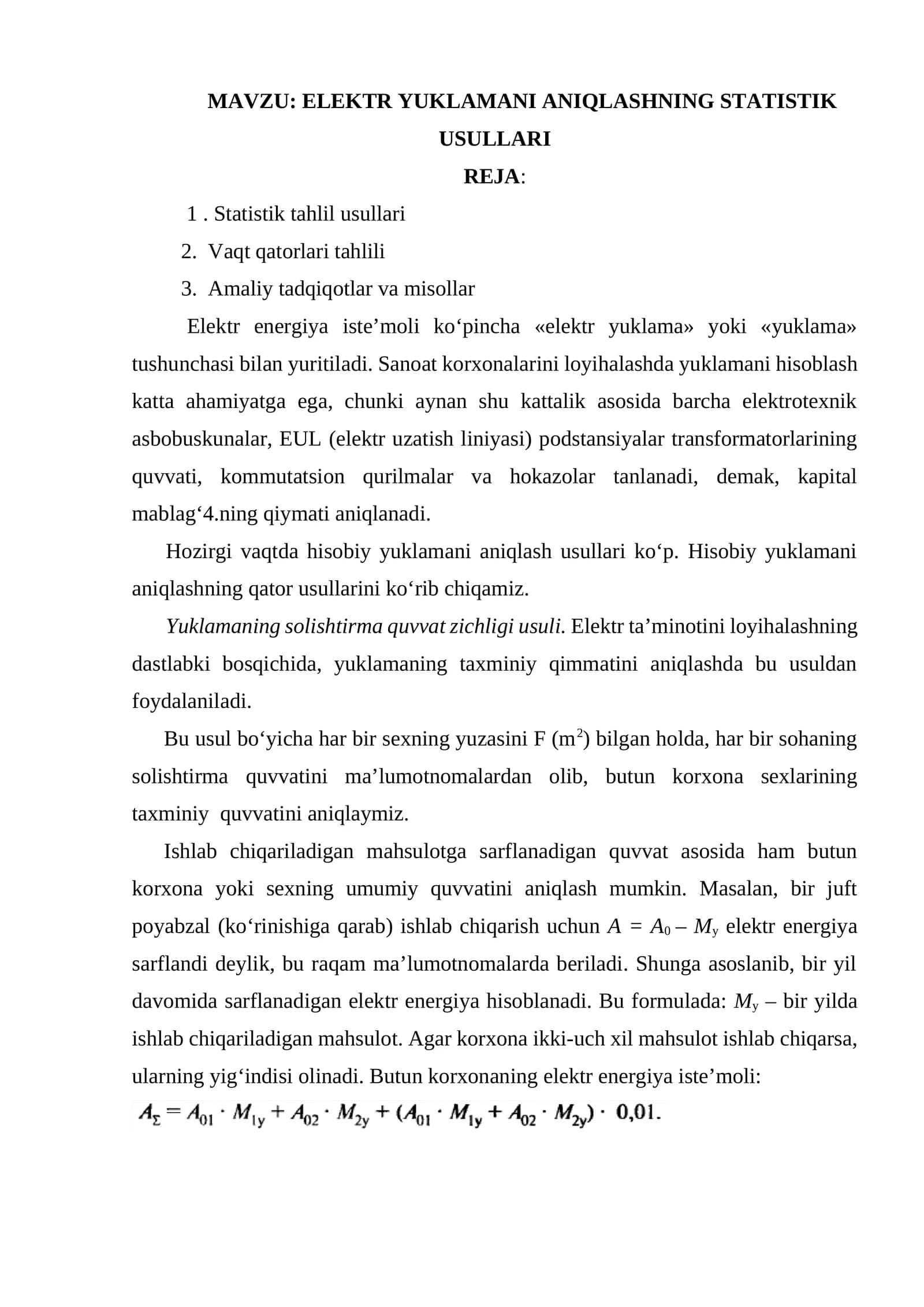ELEKTR YUKLAMANI ANIQLASHNING STATISTIK USULLARI