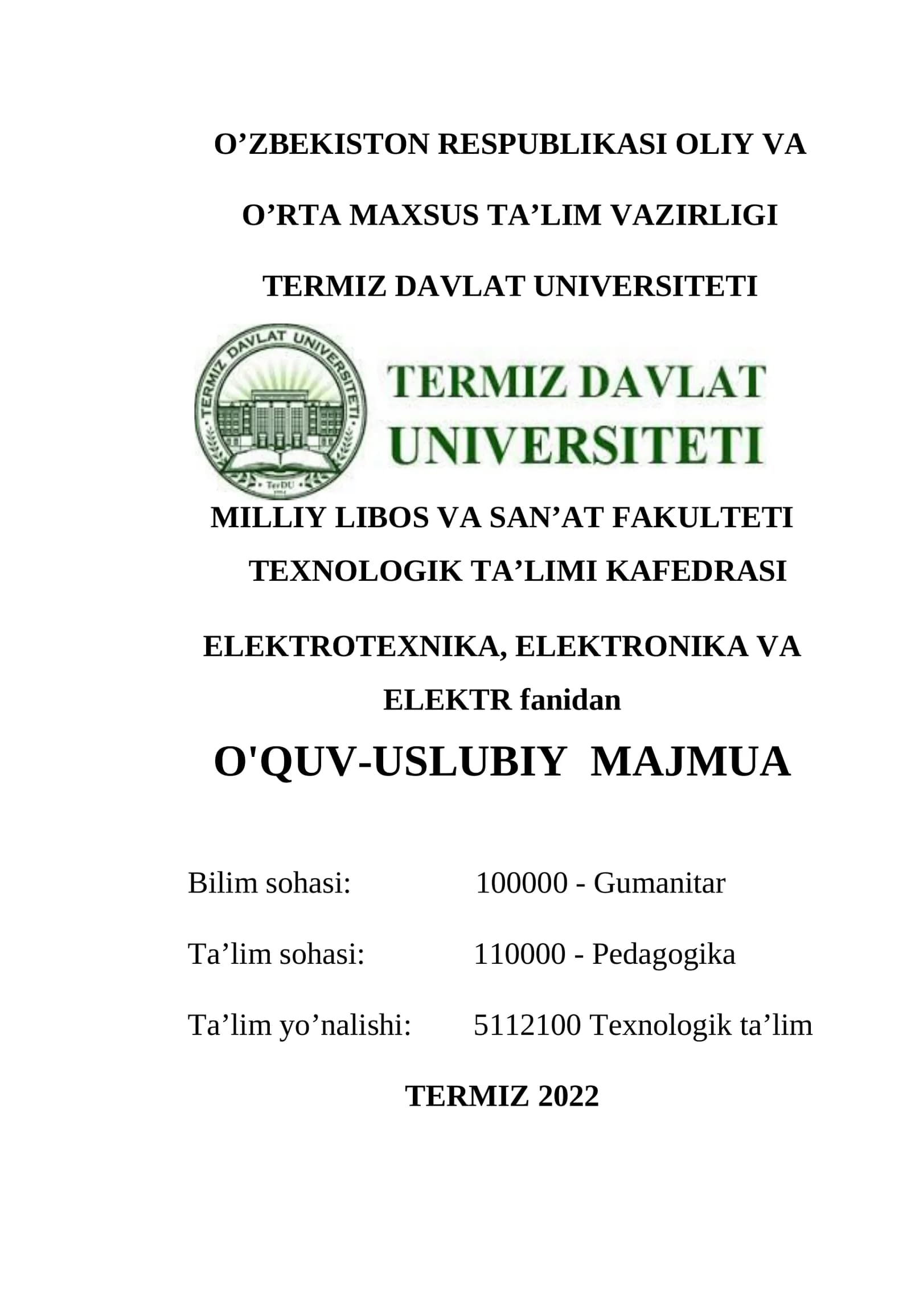 Fanning o'quv-uslubiy majmuasi